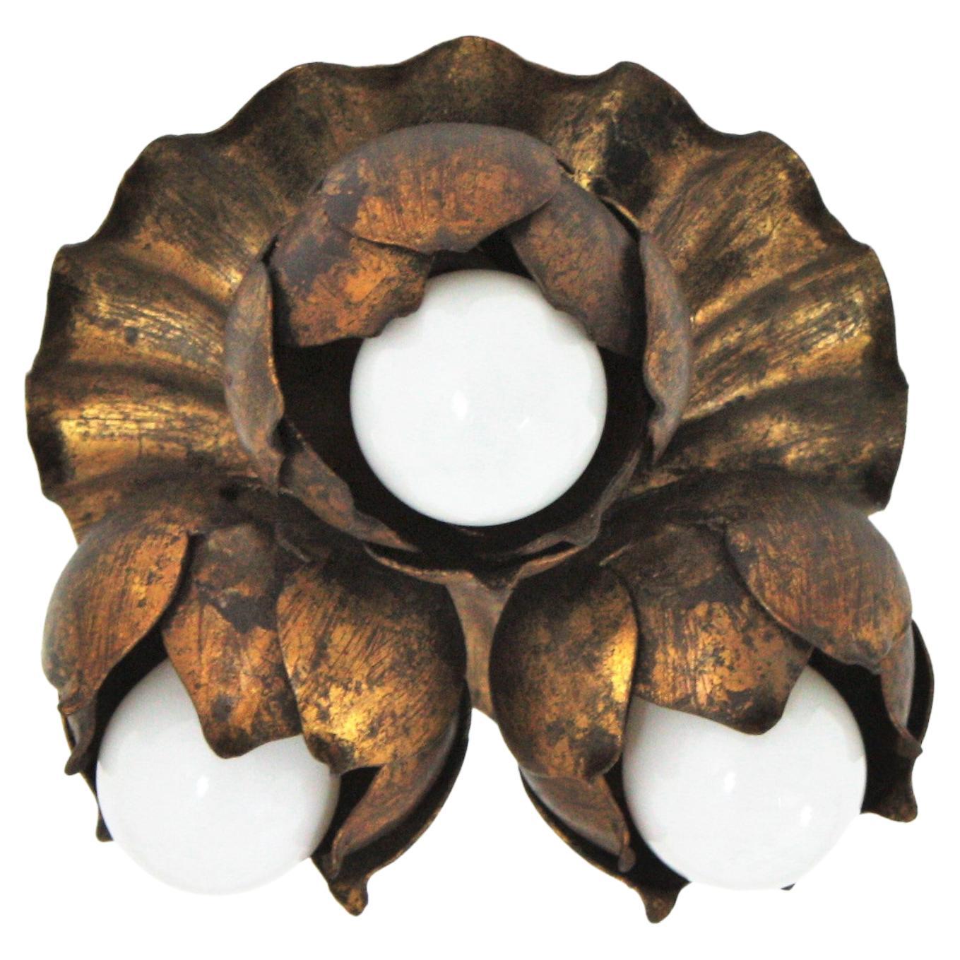 French Floral Flower Bouquet Wall or Ceiling Light Fixture in Gilt Iron