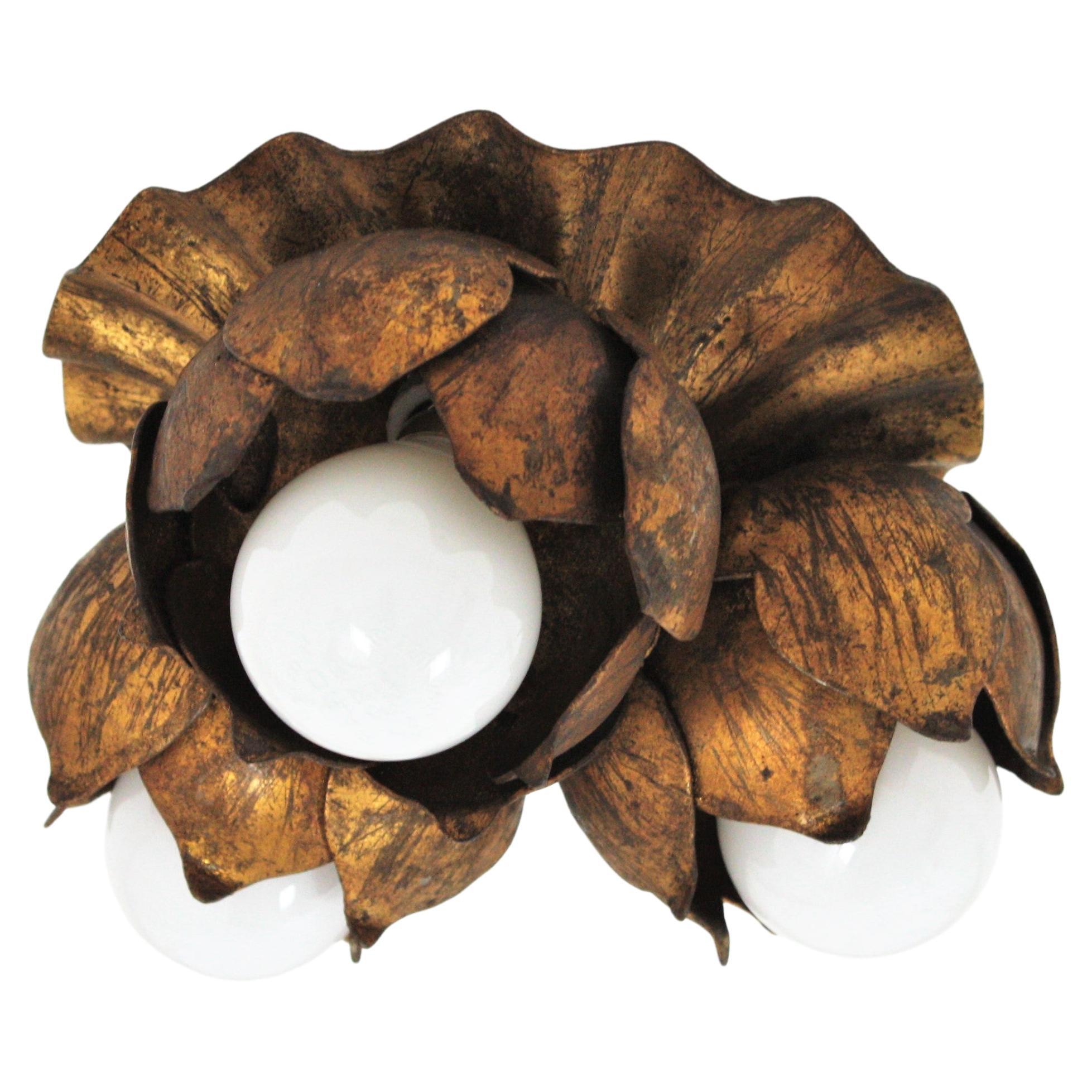 French Floral Flower Bouquet Wall or Ceiling Light Fixture in Gilt Iron