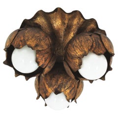French Floral Flower Bouquet Wall or Ceiling Light Fixture in Gilt Iron 