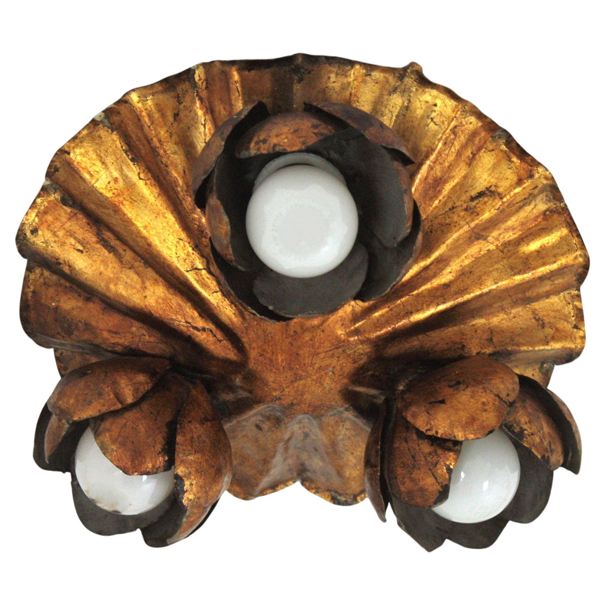 French Floral Flower Bouquet Wall or Ceiling Light Fixture in Gilt Iron