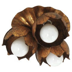 French Floral Flower Bouquet Wall or Ceiling Light Fixture in Gilt Iron