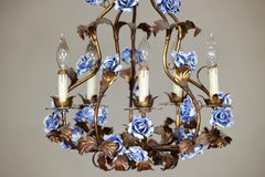 French Floral Gilt Chandelier with Blue and White Porcelain Roses, Five Lights