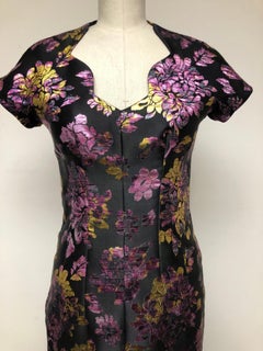 French Floral Jacquard Pink, Gold and Black Slim Dress with Scalloped Neckline