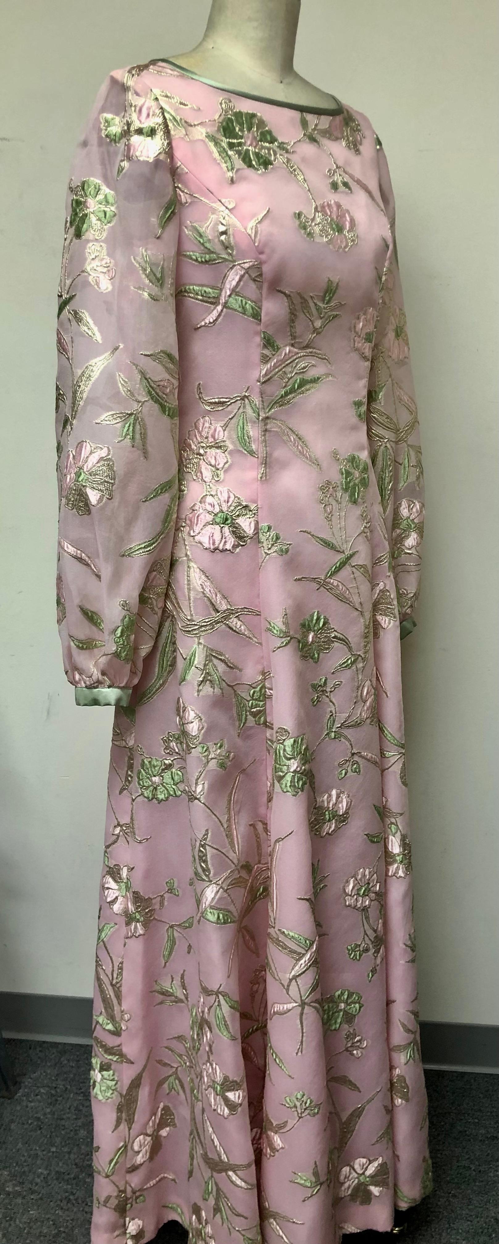 French Floral Organza Long Sleeve Gown In Excellent Condition For Sale In Los Angeles, CA