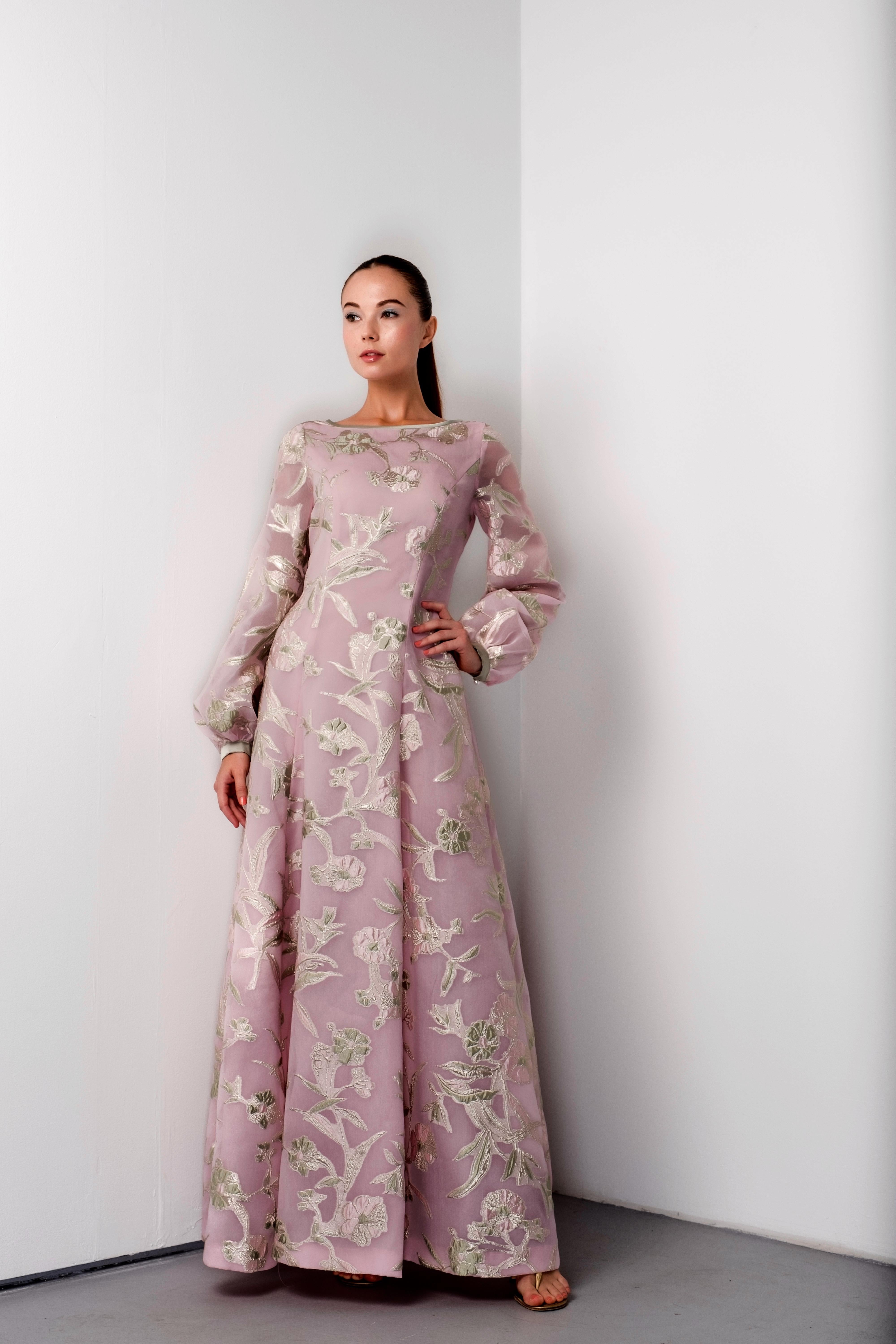 French Floral Organza Long Sleeve Gown For Sale 3