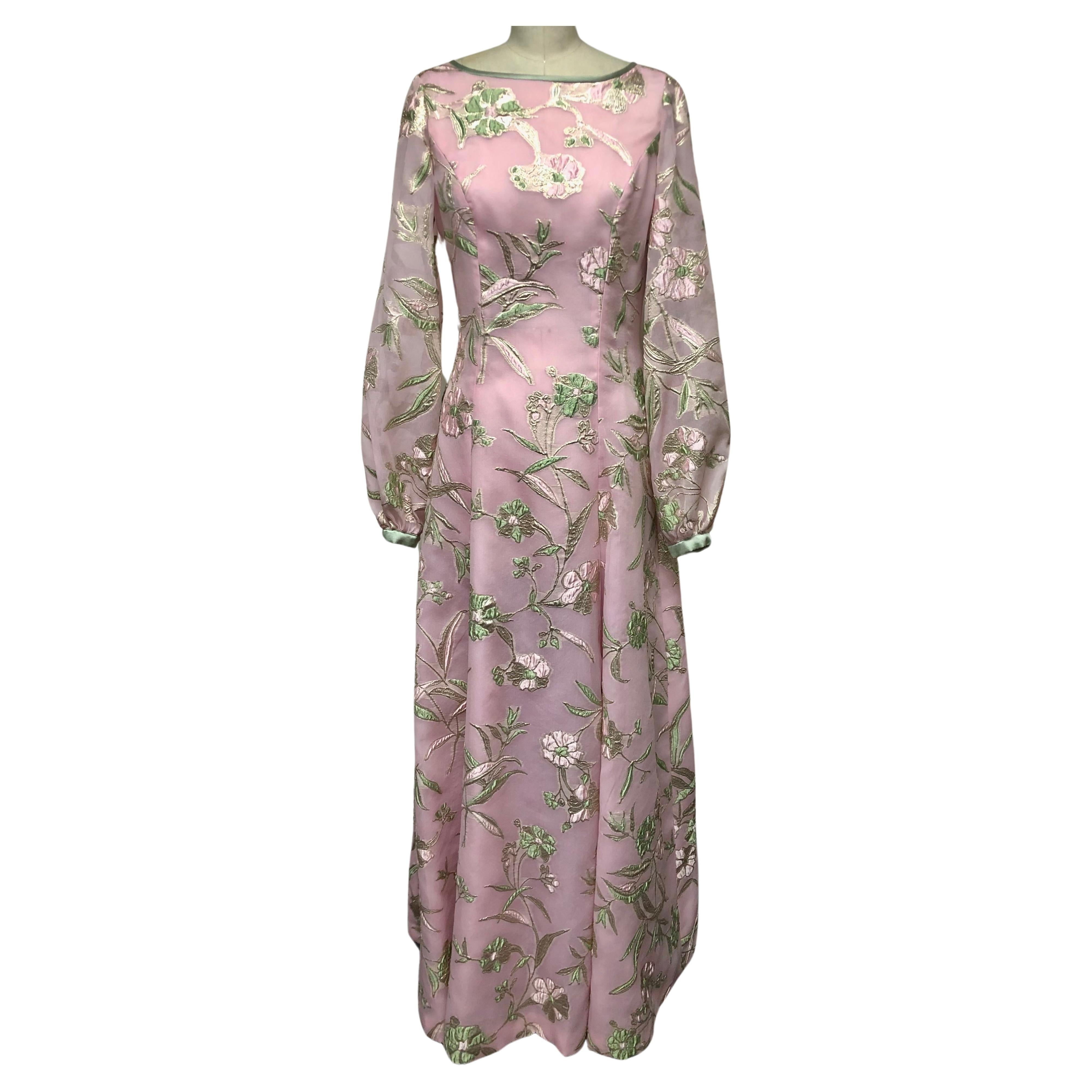 French Floral Organza Long Sleeve Gown For Sale