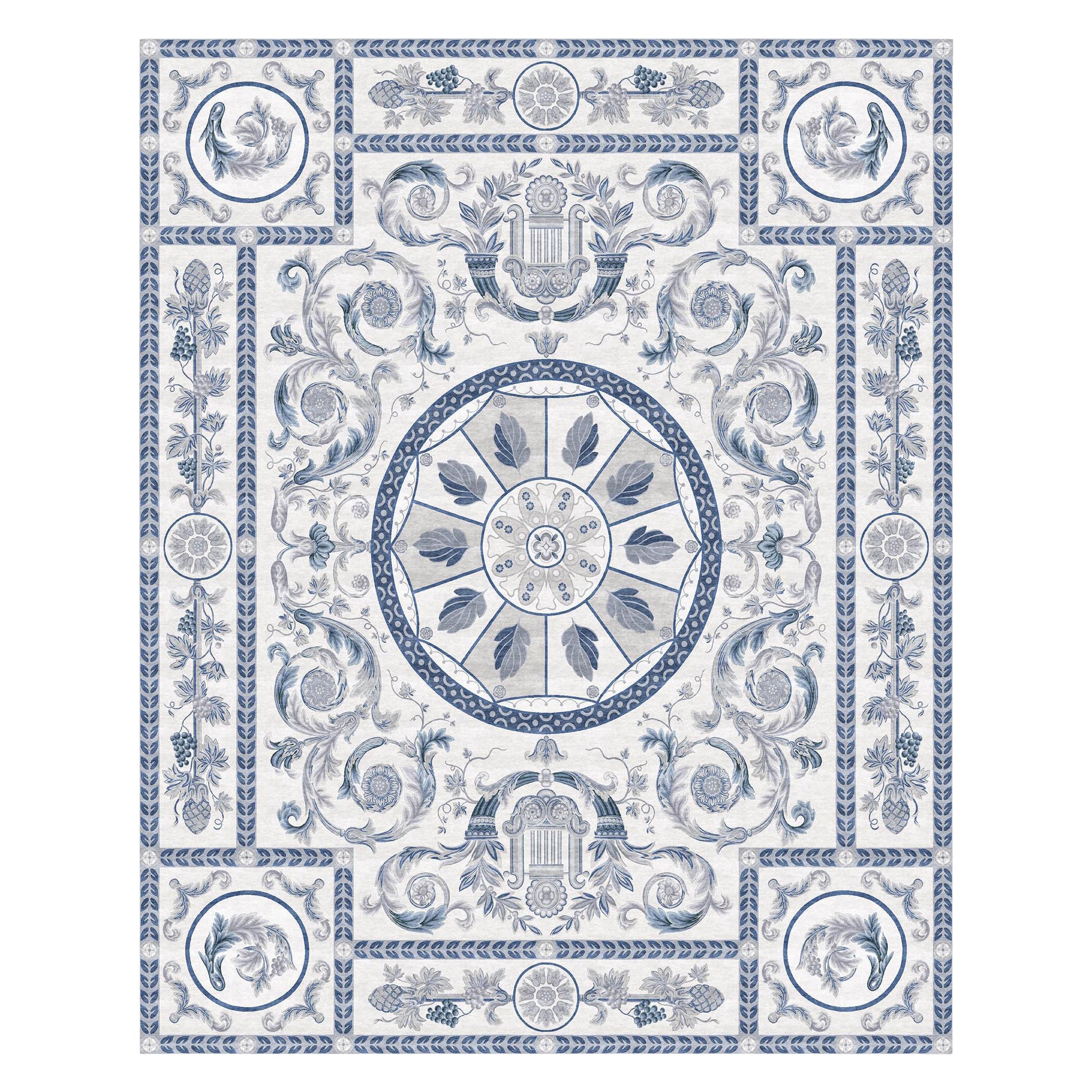 French Floral pattern Modern Classics Rug white blue handmade - Royal Arfa Blue For Sale