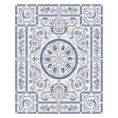 French Floral pattern Modern Classics Rug white blue handmade - Royal Arfa Blue