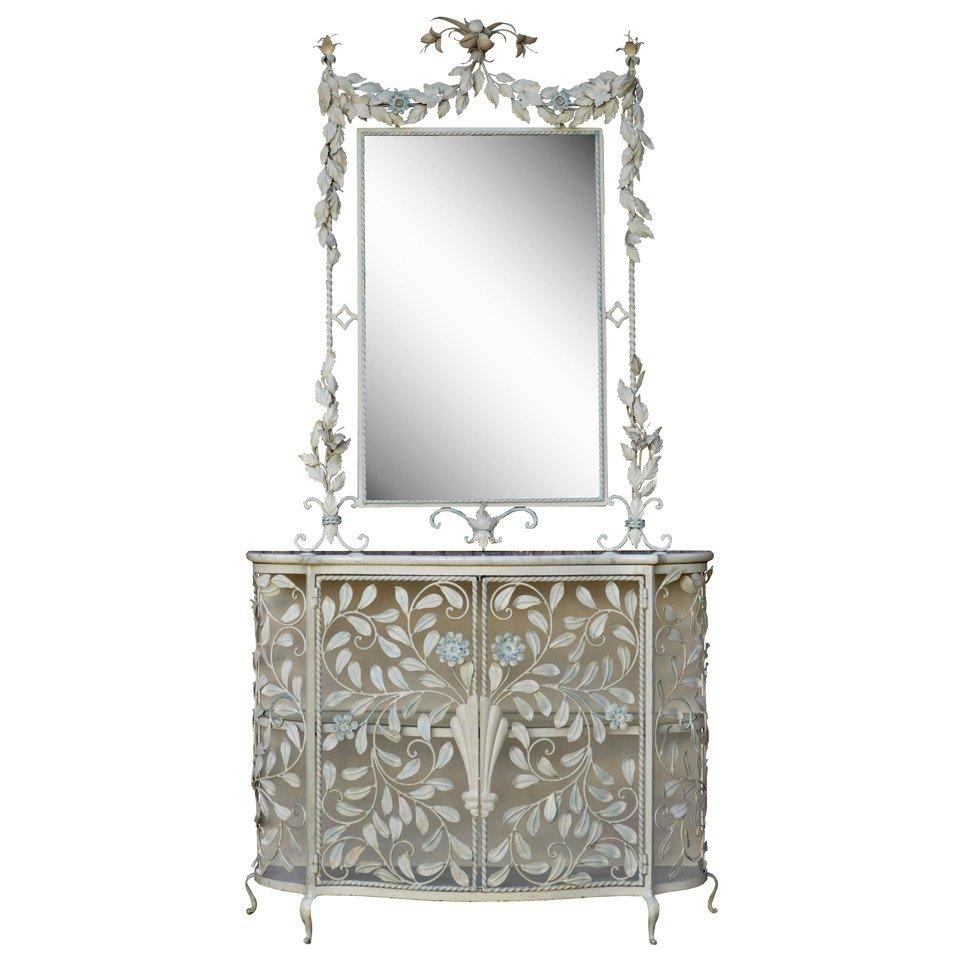 French Floral Shabby Chic Wrought Iron Mirror & Marble Top Console Table Cabinet 2