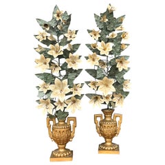 French, Floral Tole Lily Garnitures in Neo-Classical Giltwood Urns, Pair