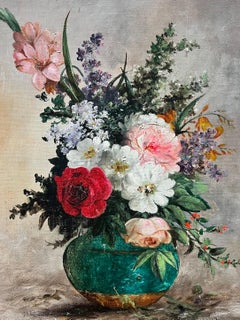 Fine Antique French Signed Oil Profusion of Flowers Still Life in Green Vase