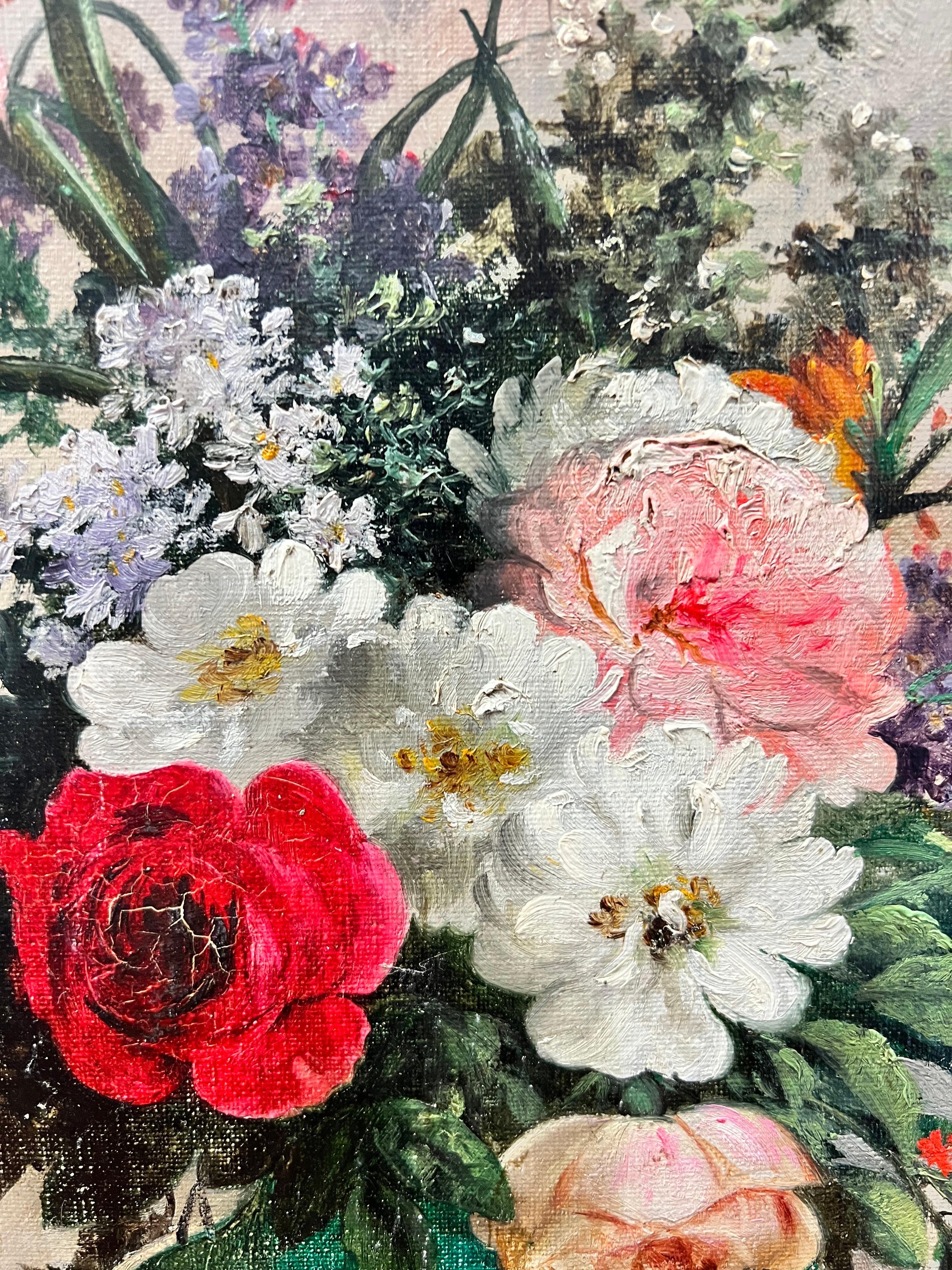 Fino Óleo Antique French Firmado Profusión de Flores Naturaleza Muerta en Jarrón Verde - Painting Victoriano de French Flower artist