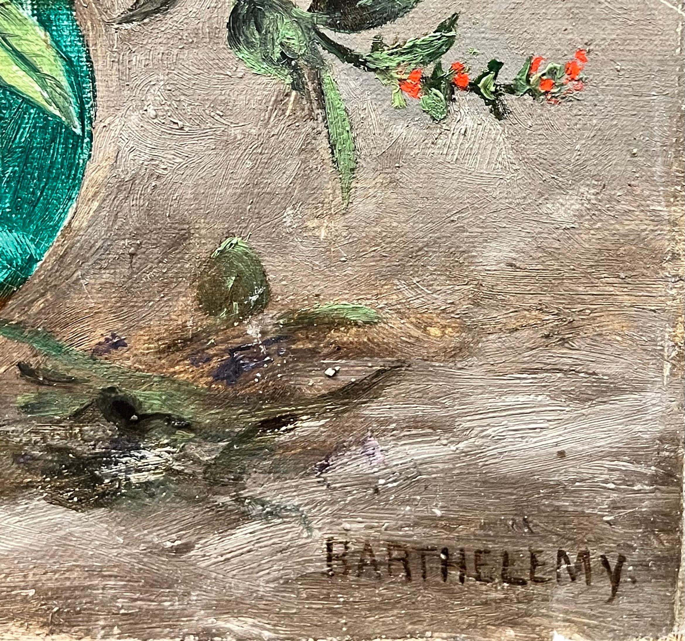 Fino Óleo Antique French Firmado Profusión de Flores Naturaleza Muerta en Jarrón Verde 1