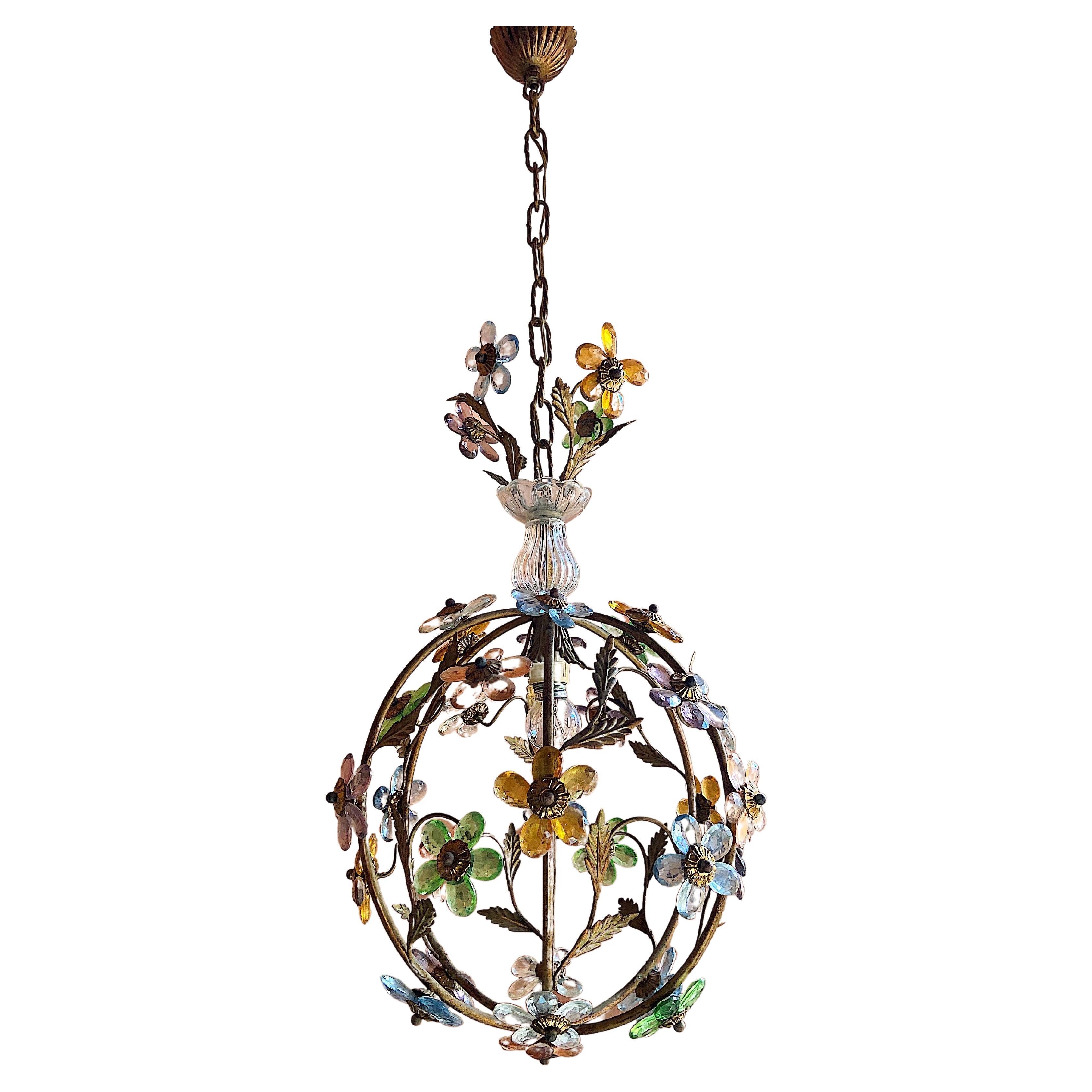 French Flower Ball Crystal Prisms Maison Baguès Style Chandelier, 1920s