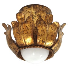 French Flower Bud Ceiling Light Fixture in Gold Leaf Gilt Iron, 1940s