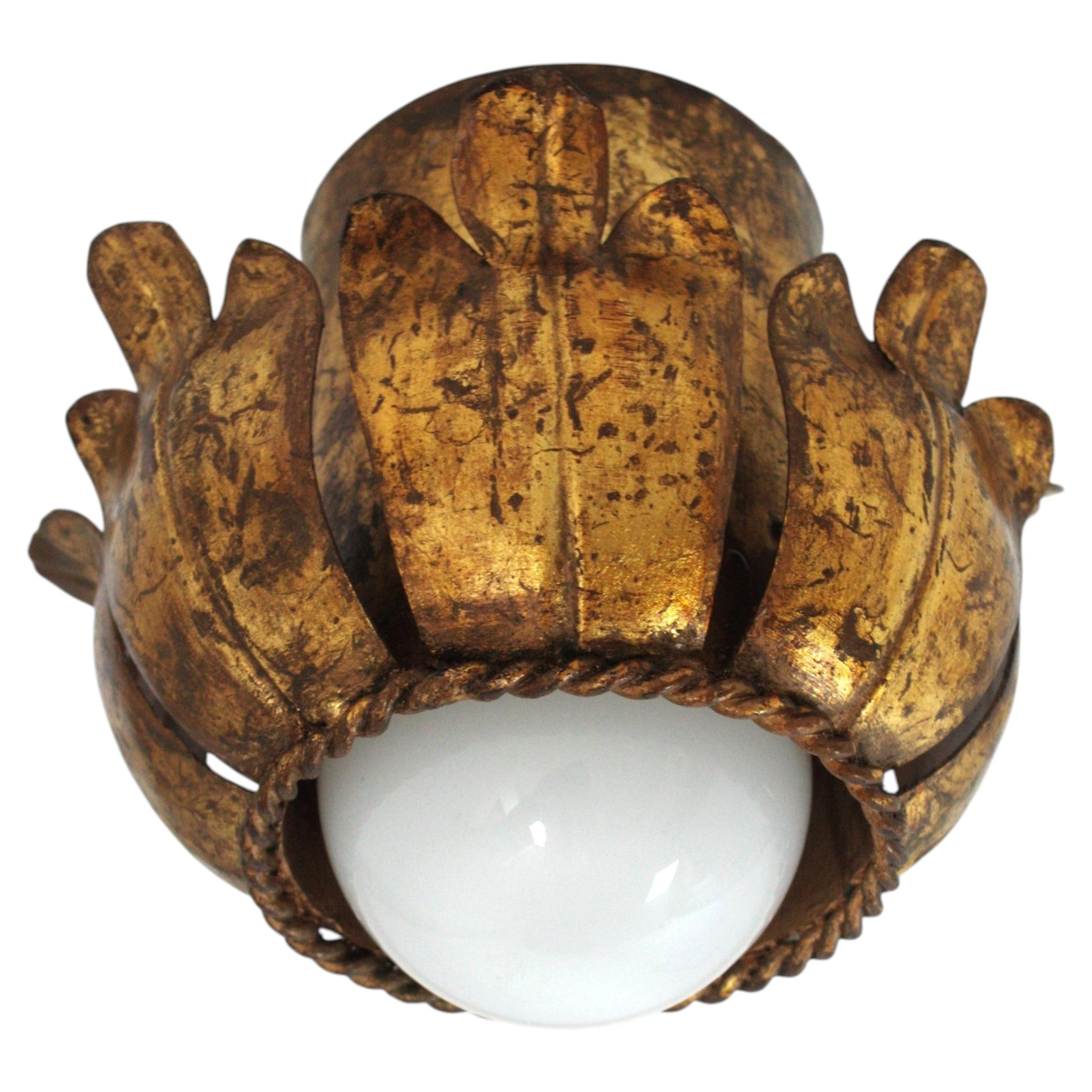 French Flower Bud Ceiling Light Fixture in Gold Leaf Gilt Iron, 1940s