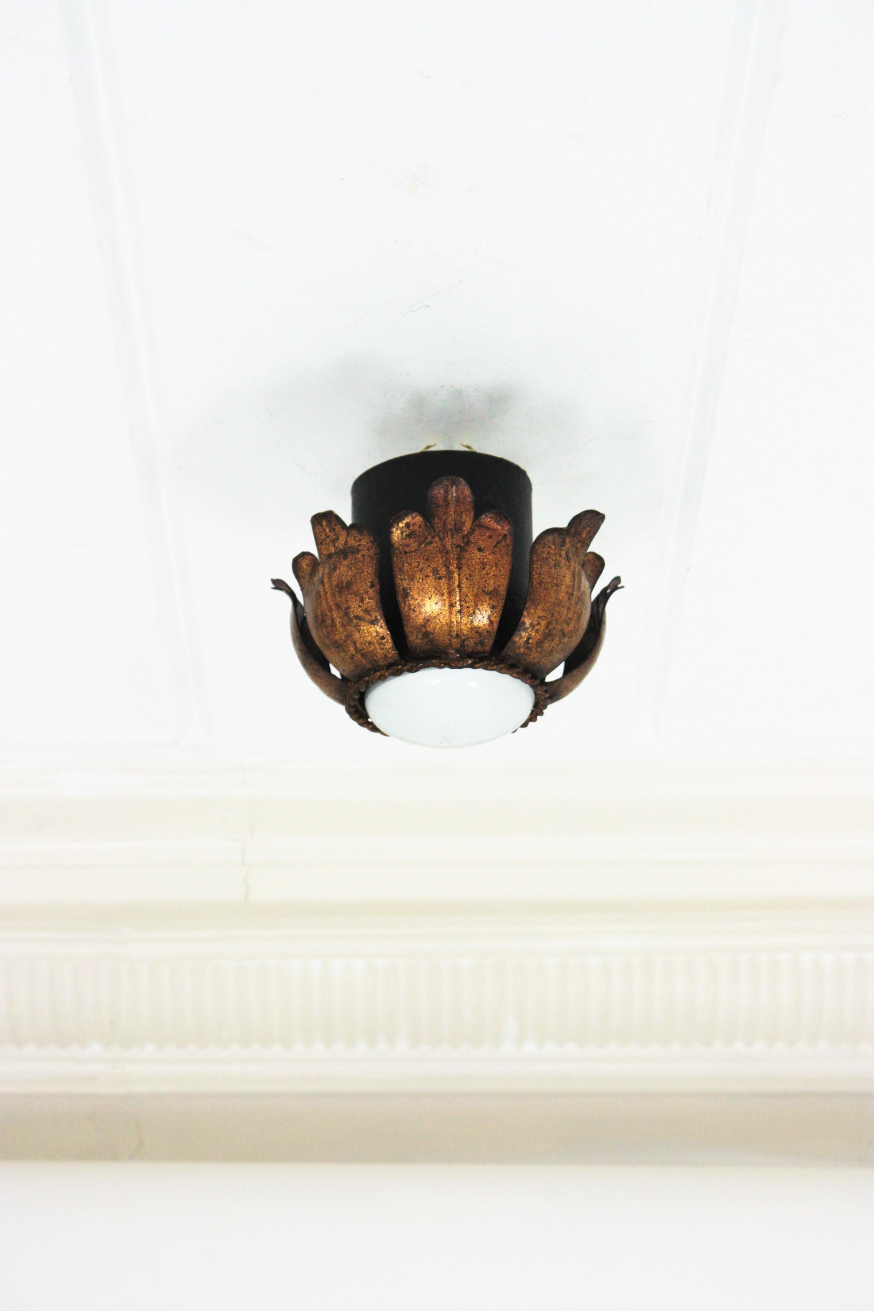 French Flower Bud Light Fixture in Black and Gold Leaf Gilt Iron 5