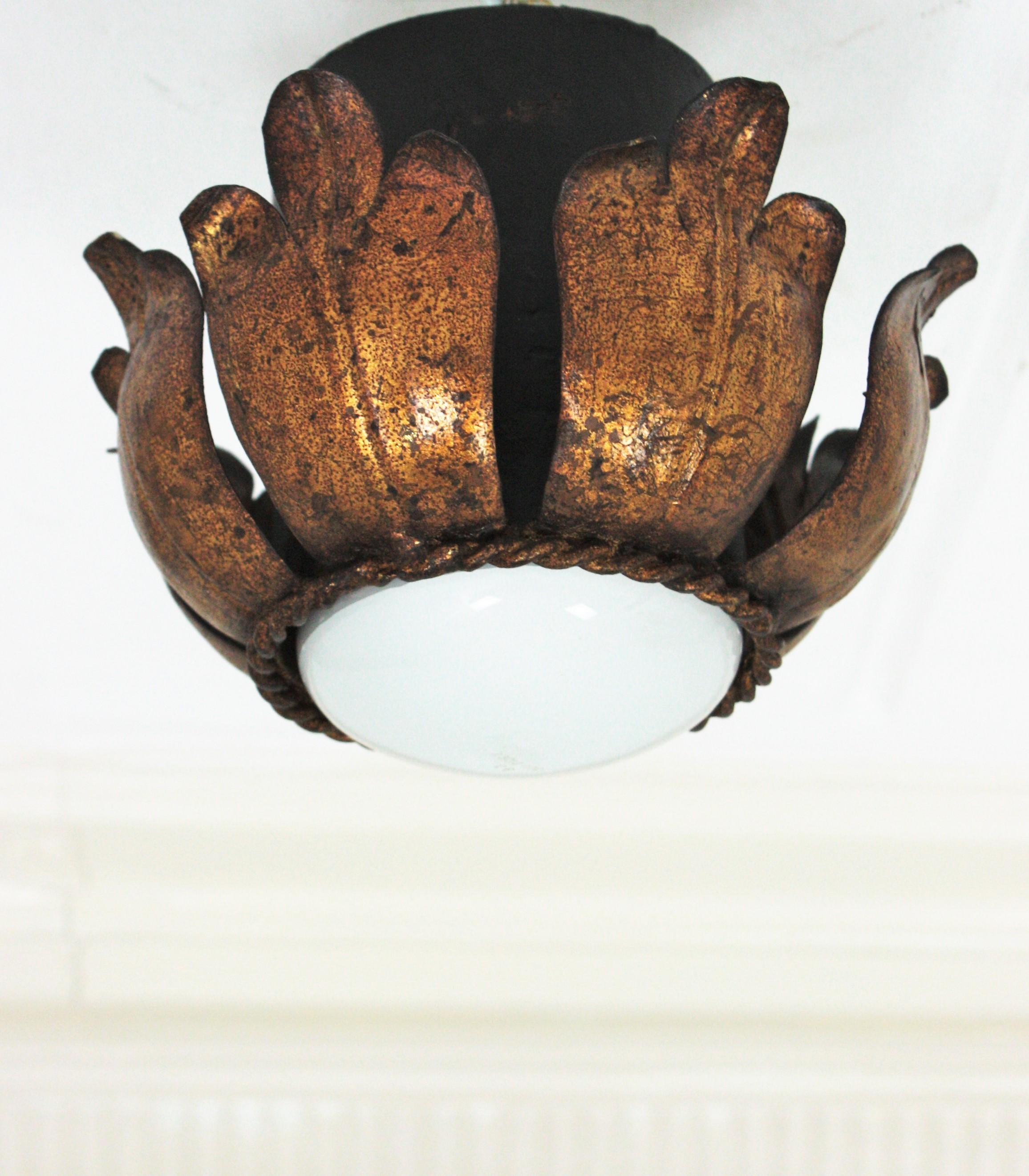 French Flower Bud Light Fixture in Black and Gold Leaf Gilt Iron 6