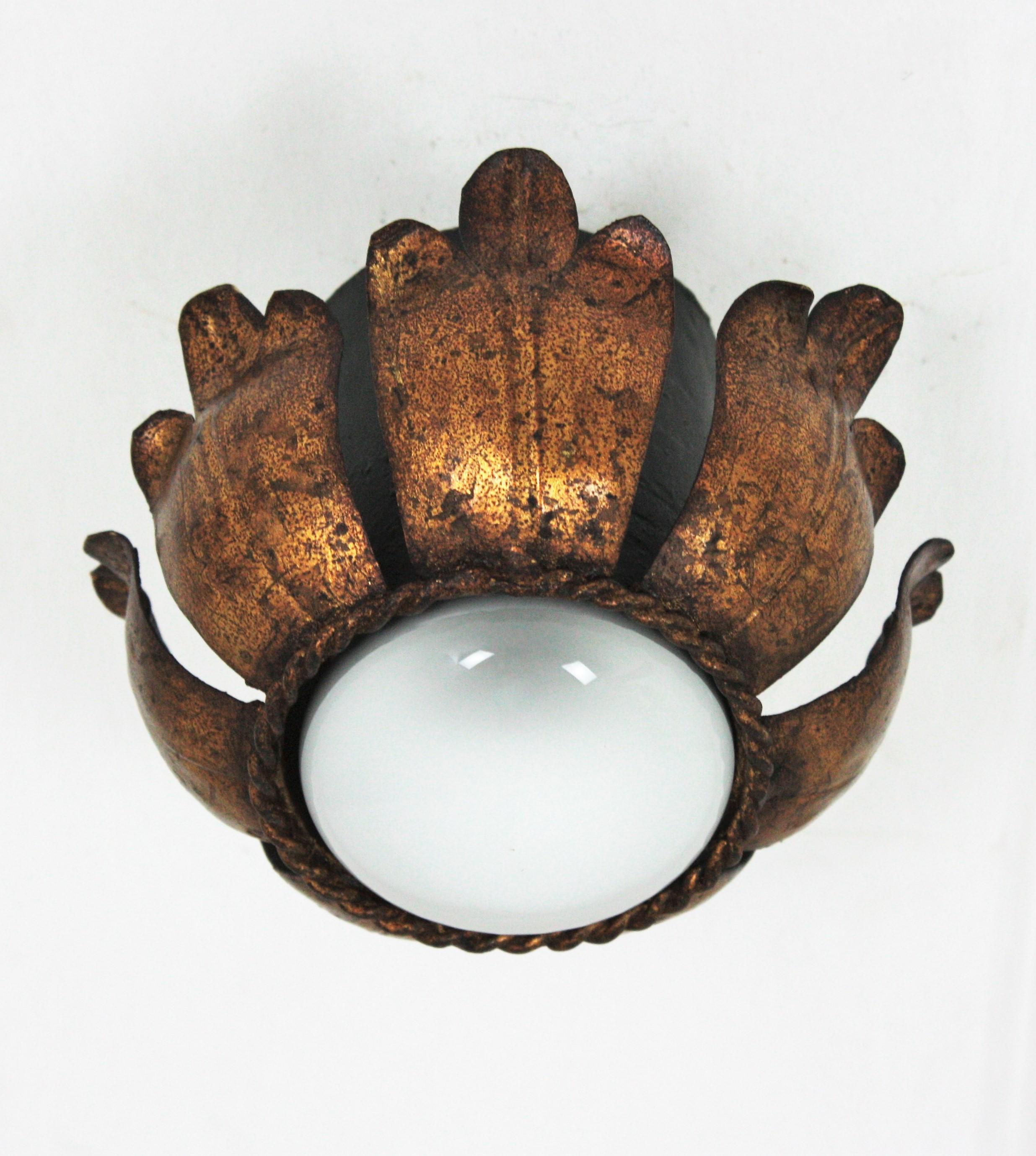 French Flower Bud Light Fixture in Black and Gold Leaf Gilt Iron 9