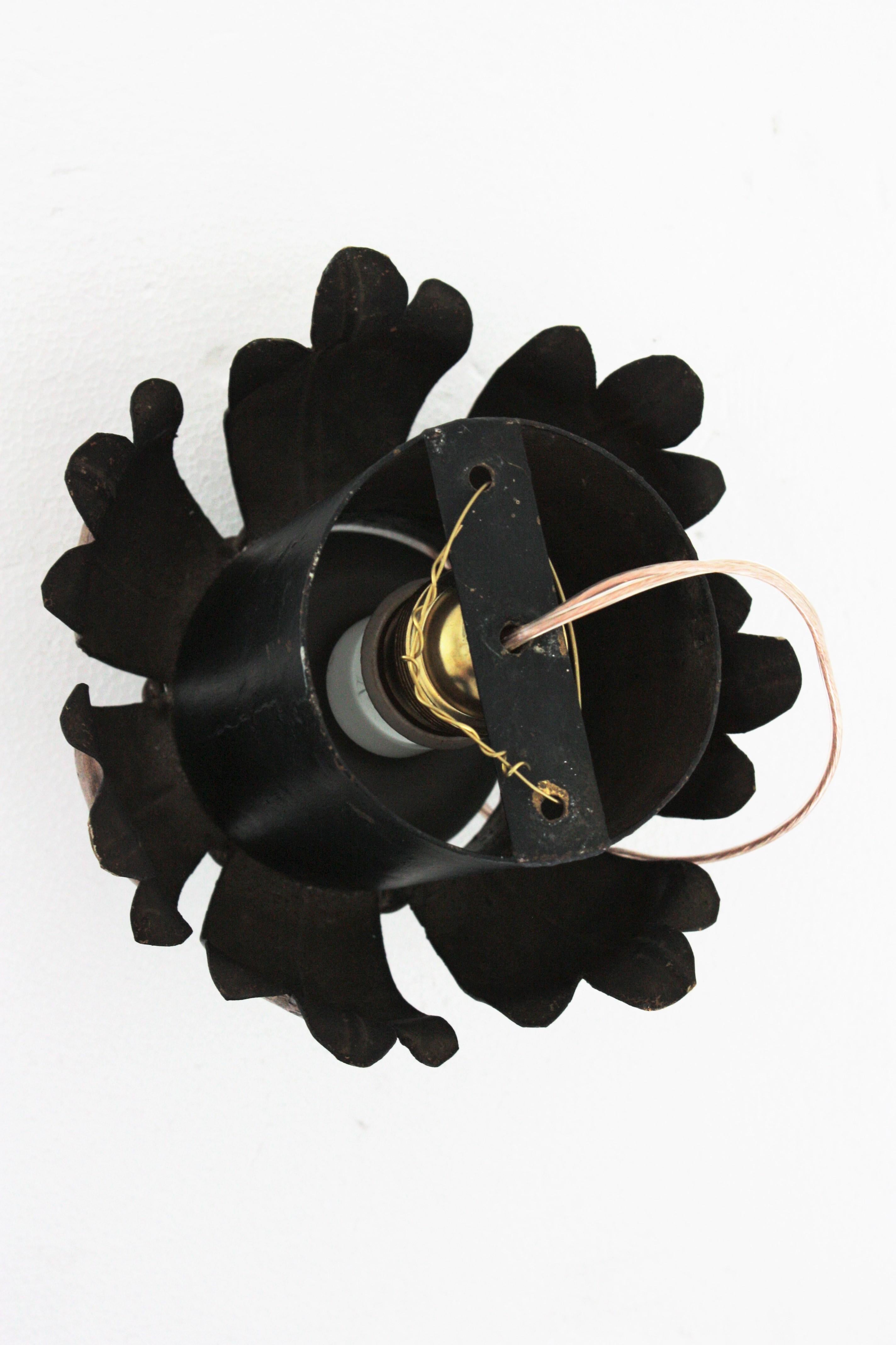 French Flower Bud Light Fixture in Black and Gold Leaf Gilt Iron 11