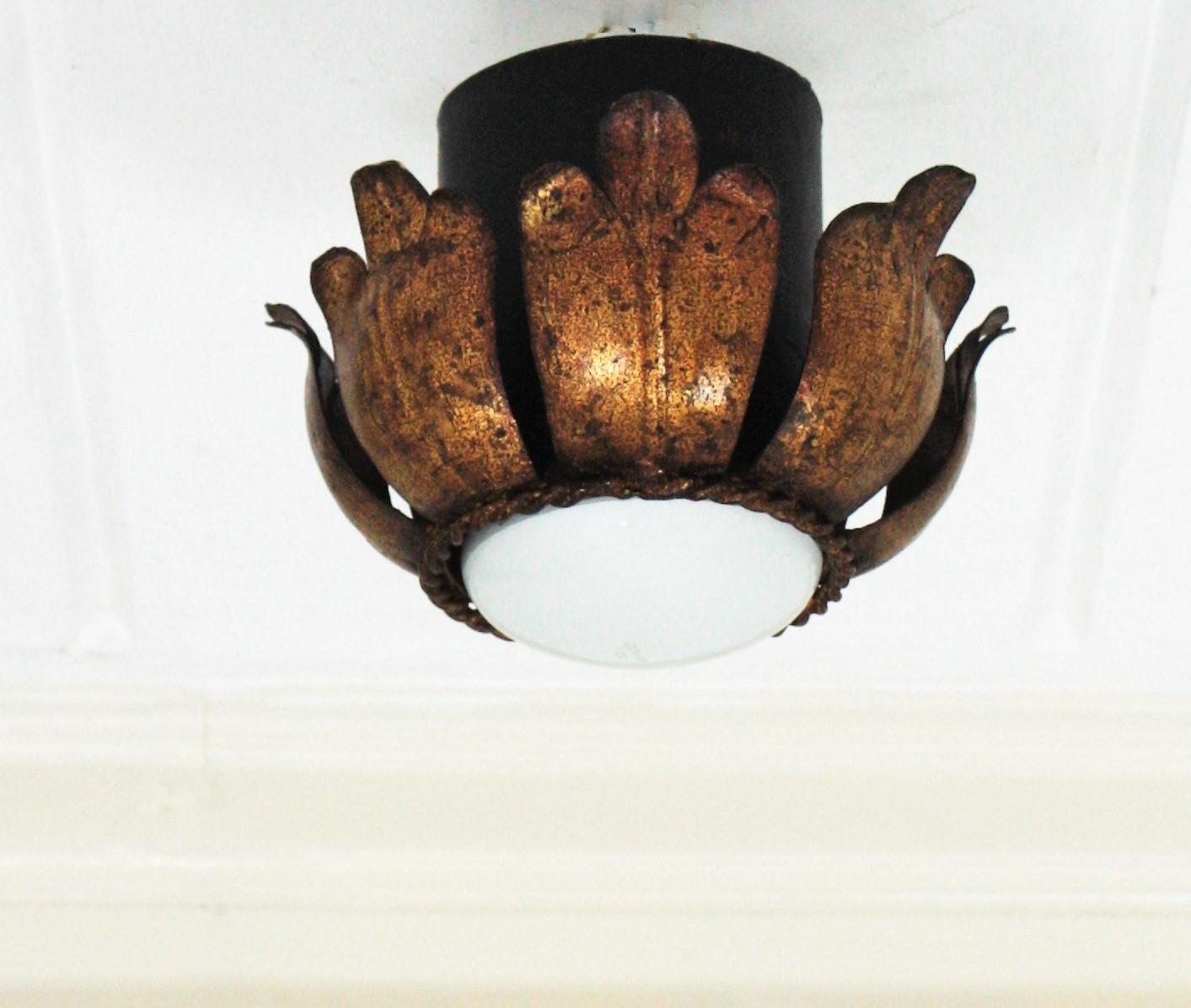 Hollywood Regency French Flower Bud Light Fixture in Black and Gold Leaf Gilt Iron
