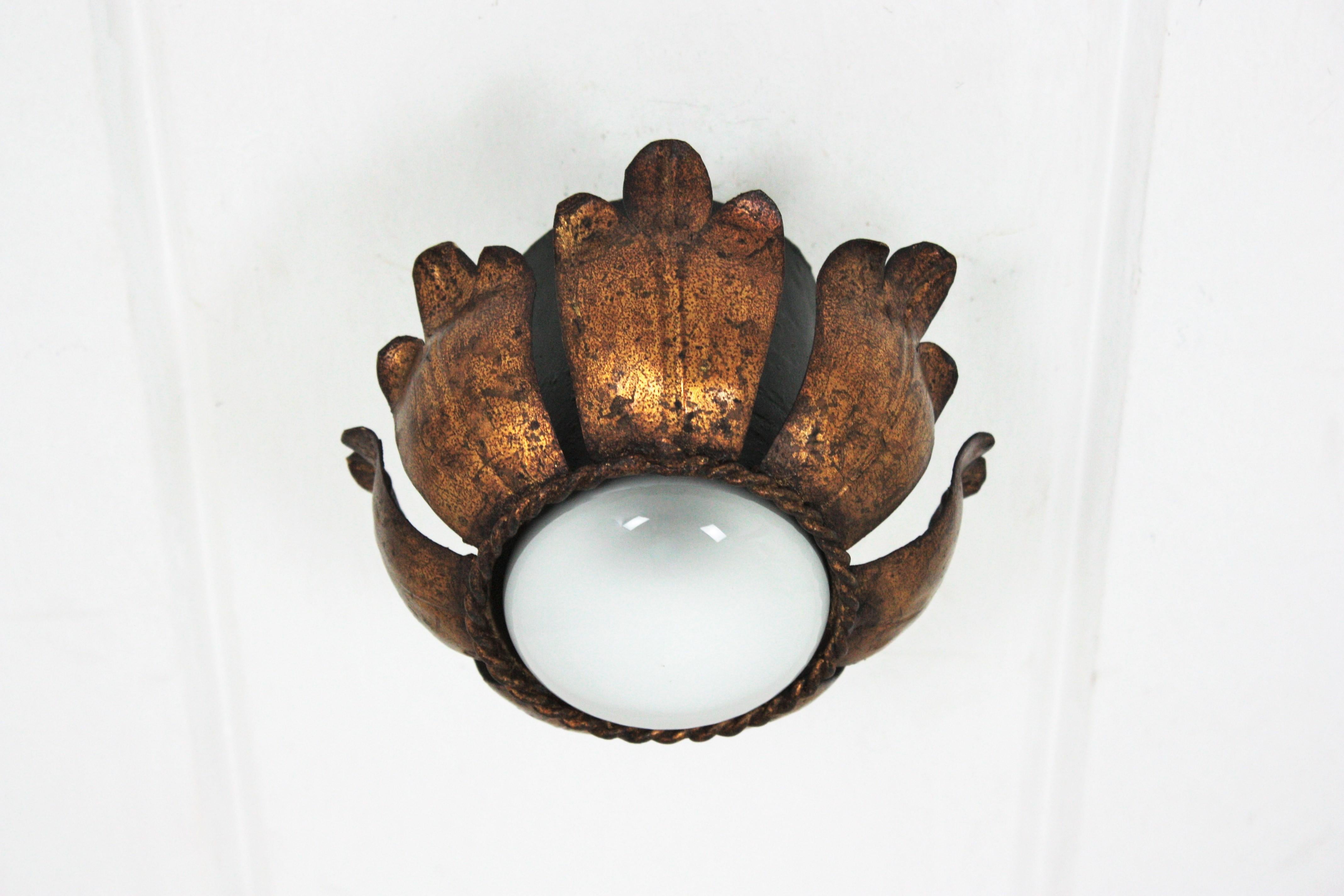 20th Century French Flower Bud Light Fixture in Black and Gold Leaf Gilt Iron