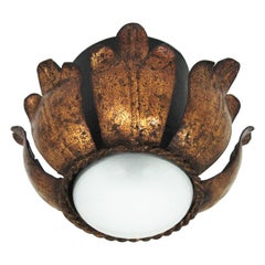 Vintage French Flower Bud Light Fixture in Black and Gold Leaf Gilt Iron