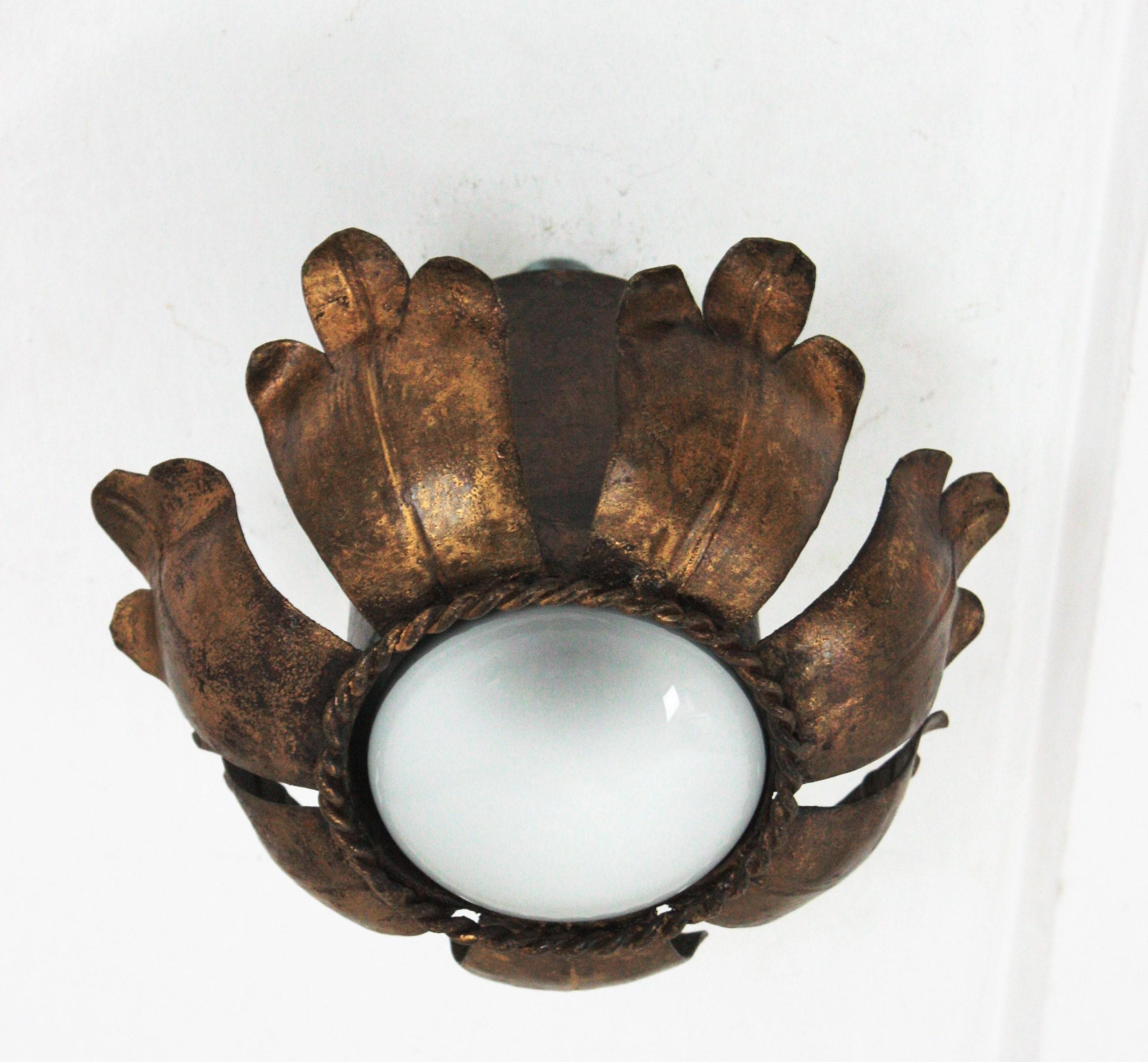 French Flower Bud Light Fixture in Gold Leaf Gilt Iron 4