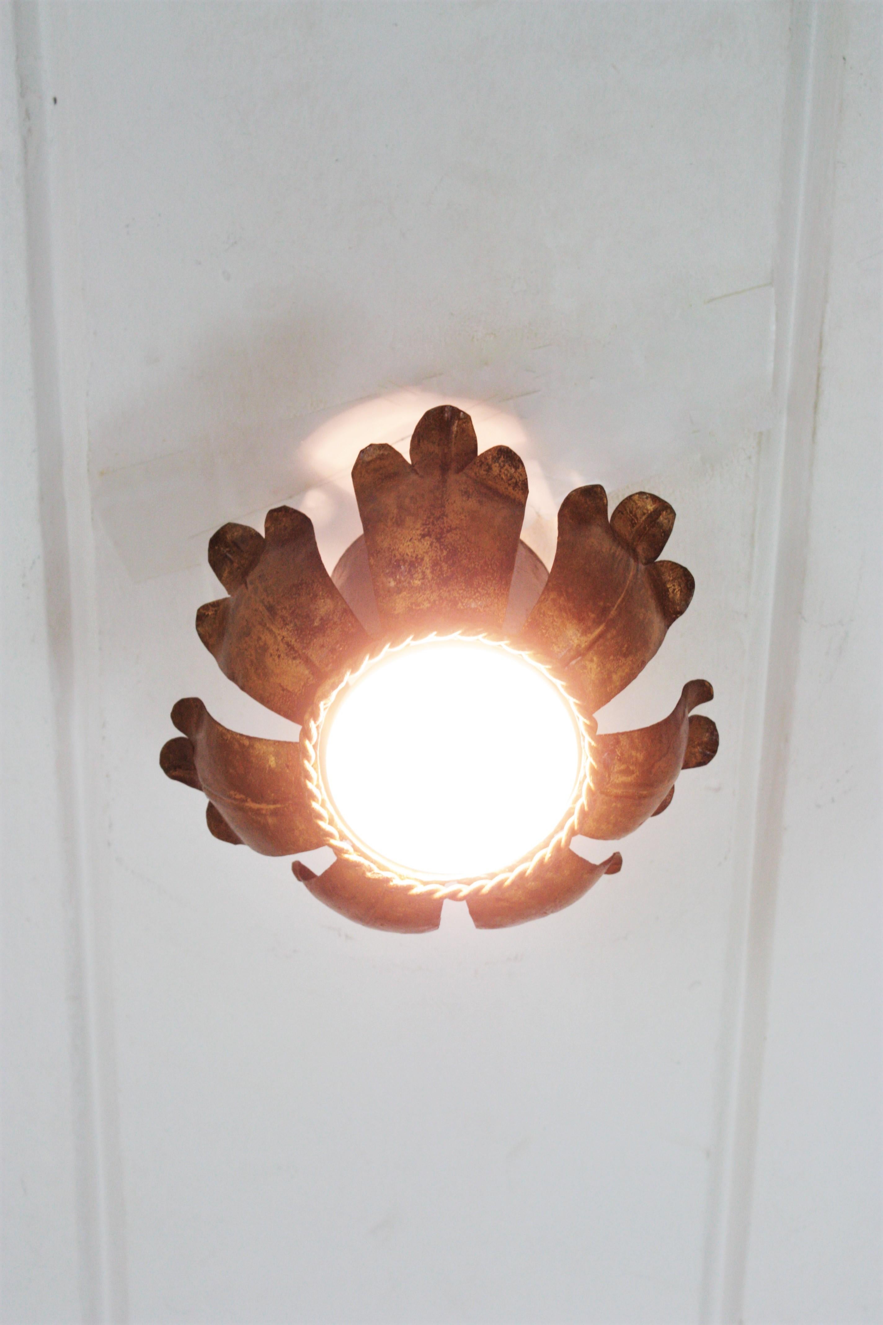French Flower Bud Light Fixture in Gold Leaf Gilt Iron 5