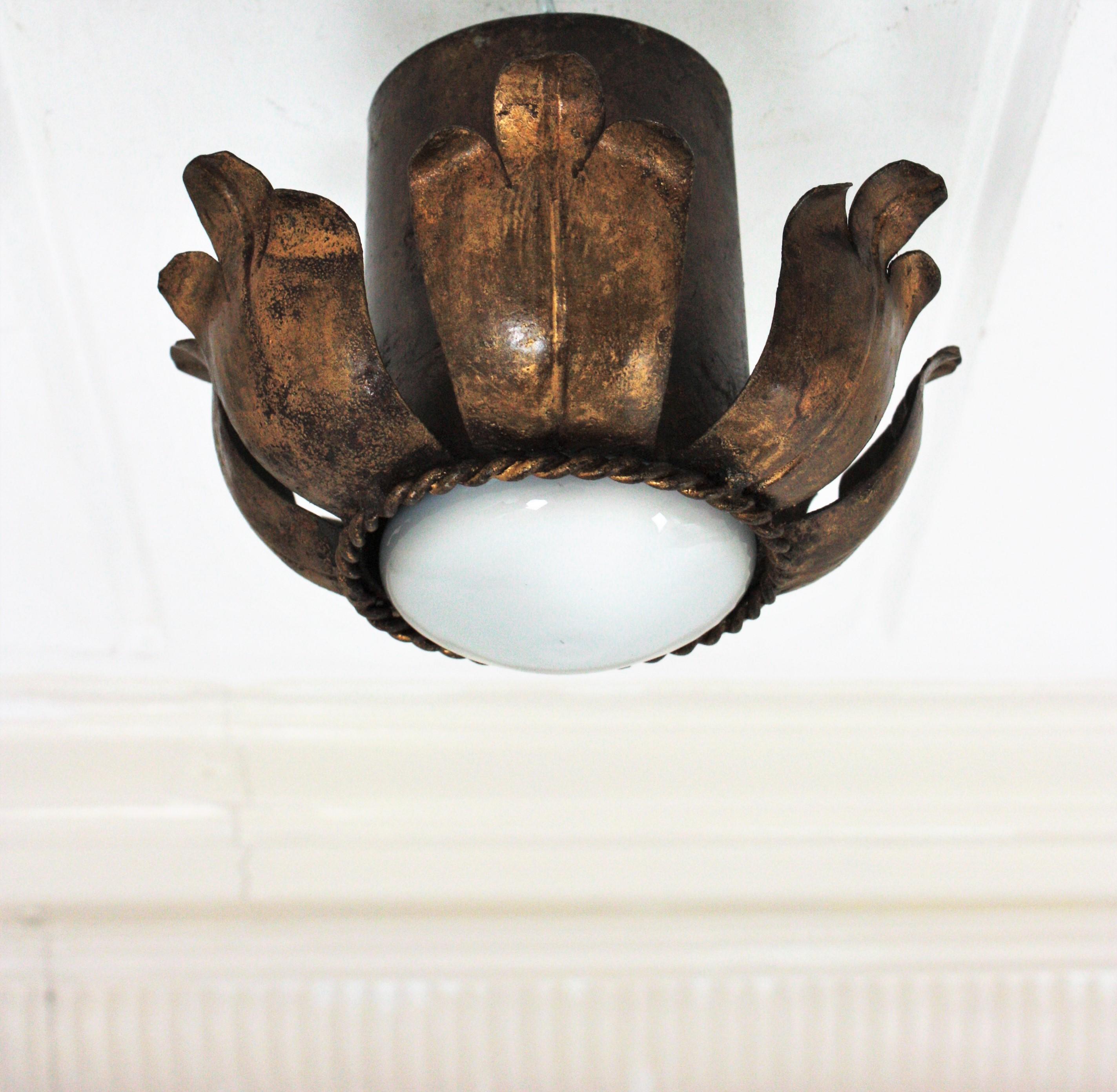 20th Century French Flower Bud Light Fixture in Gold Leaf Gilt Iron