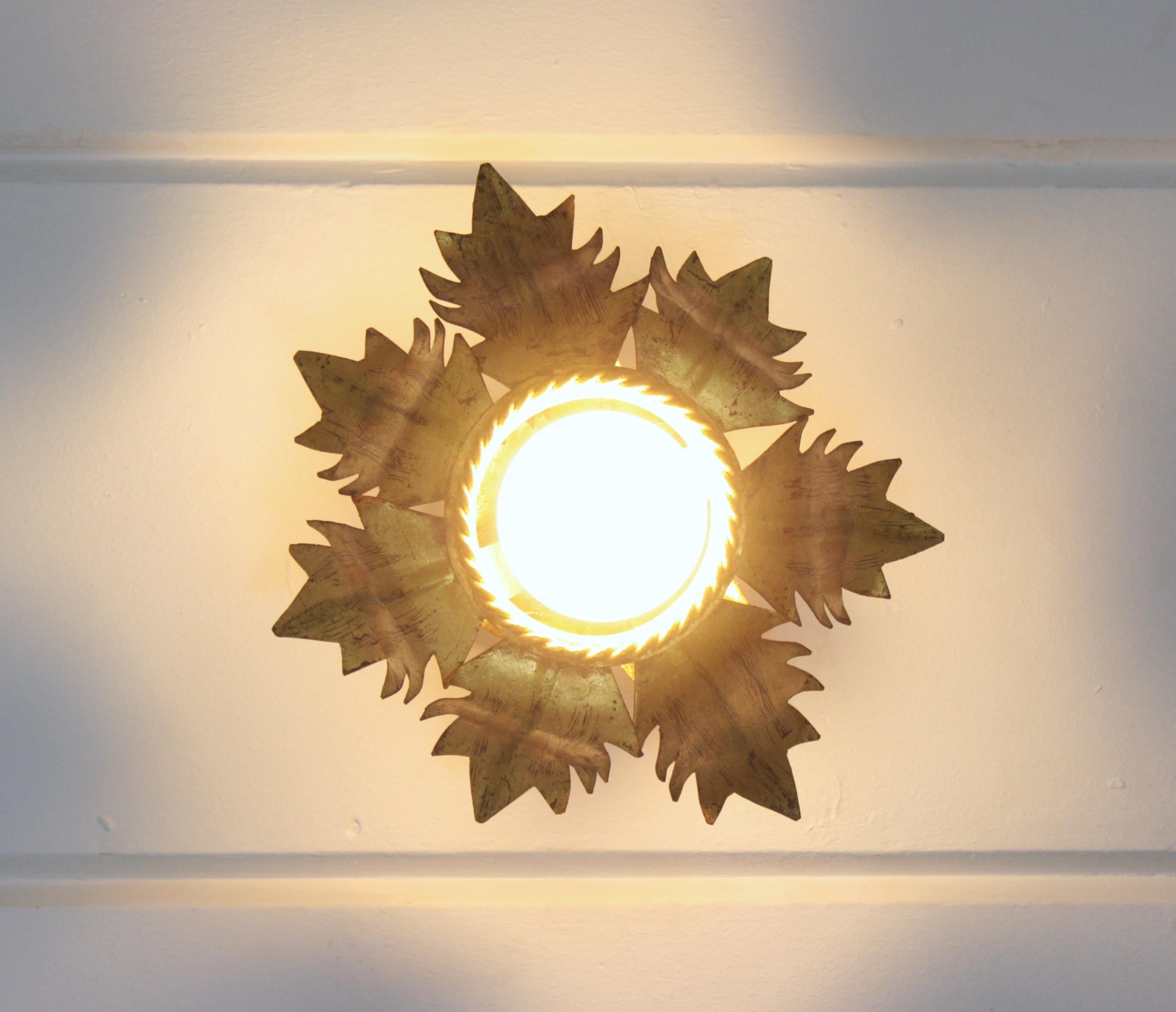 French Flower Bud Sunburst Light Fixture in Gold Leaf Gilt Iron 4