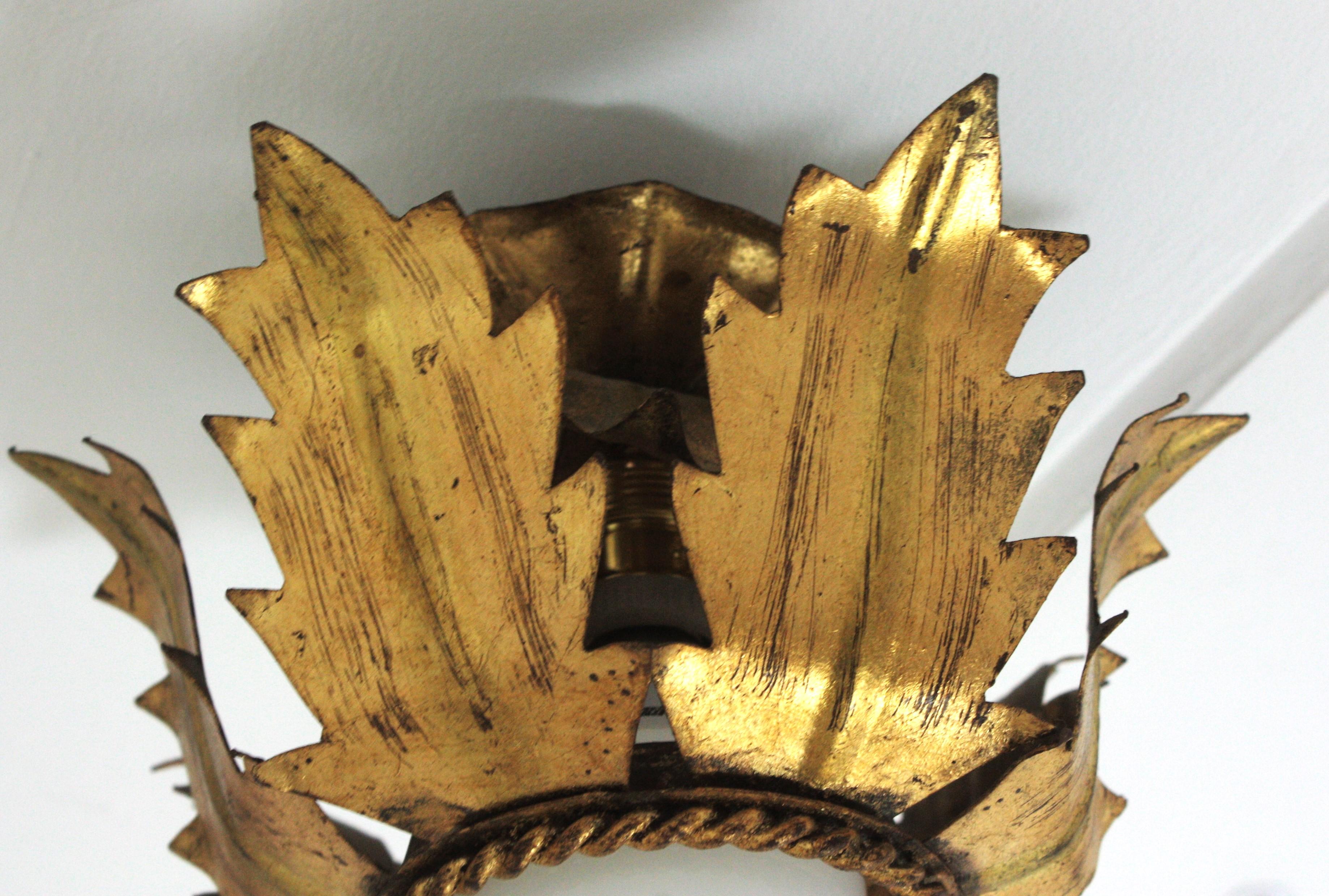 French Flower Bud Sunburst Light Fixture in Gold Leaf Gilt Iron 6