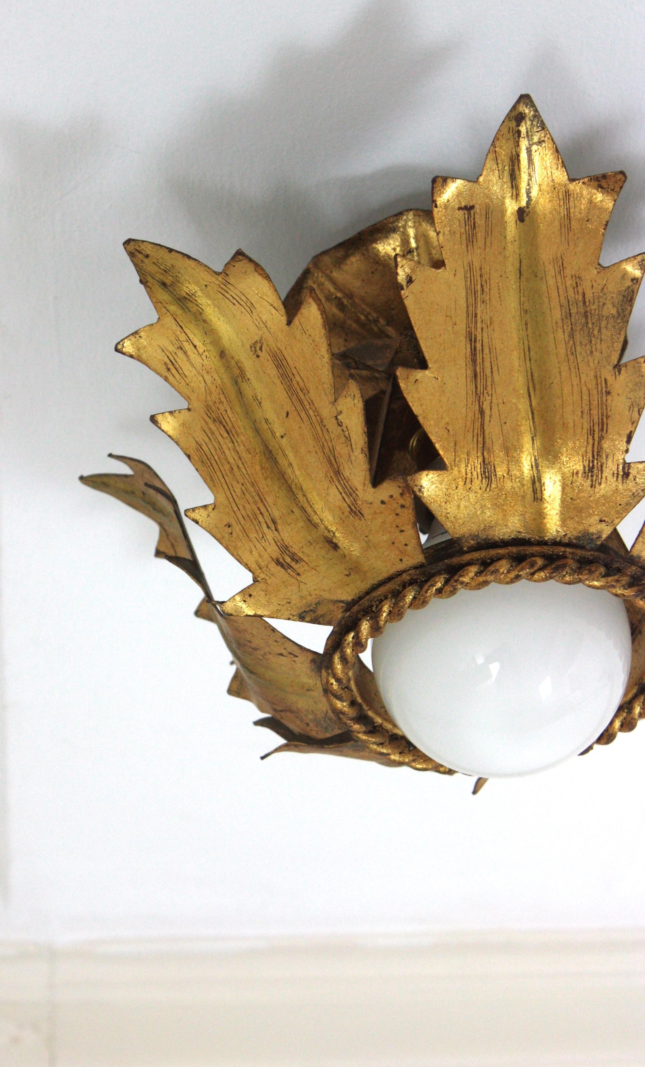 French Flower Bud Sunburst Light Fixture in Gold Leaf Gilt Iron 7