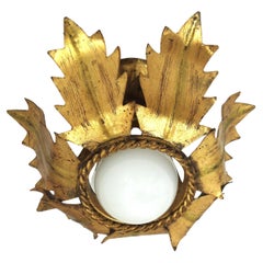 French Flower Bud Sunburst Light Fixture in Gold Leaf Gilt Iron