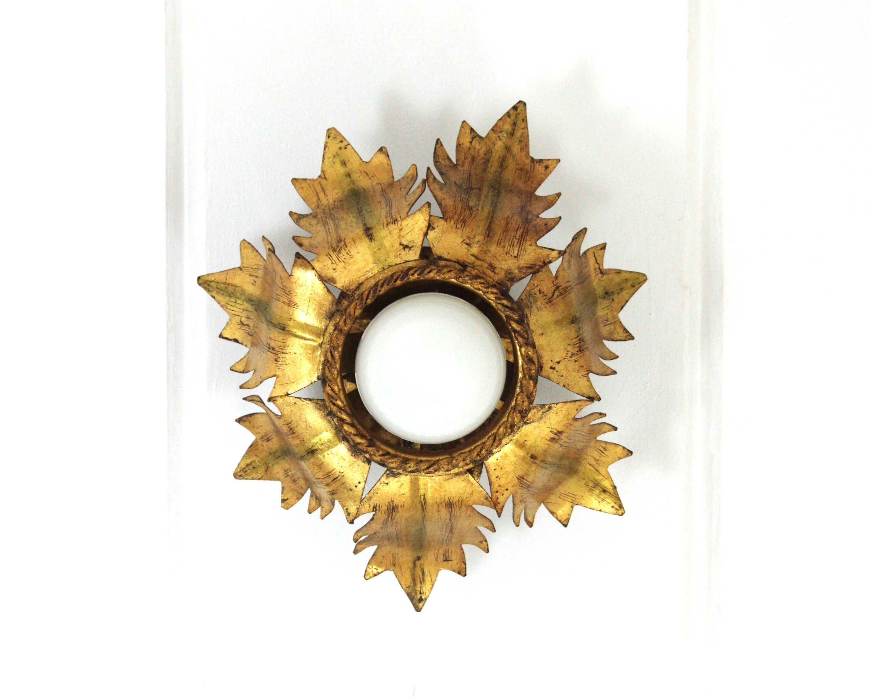 Hollywood Regency French Flower Bud Sunburst Light Fixture in Gold Leaf Gilt Iron