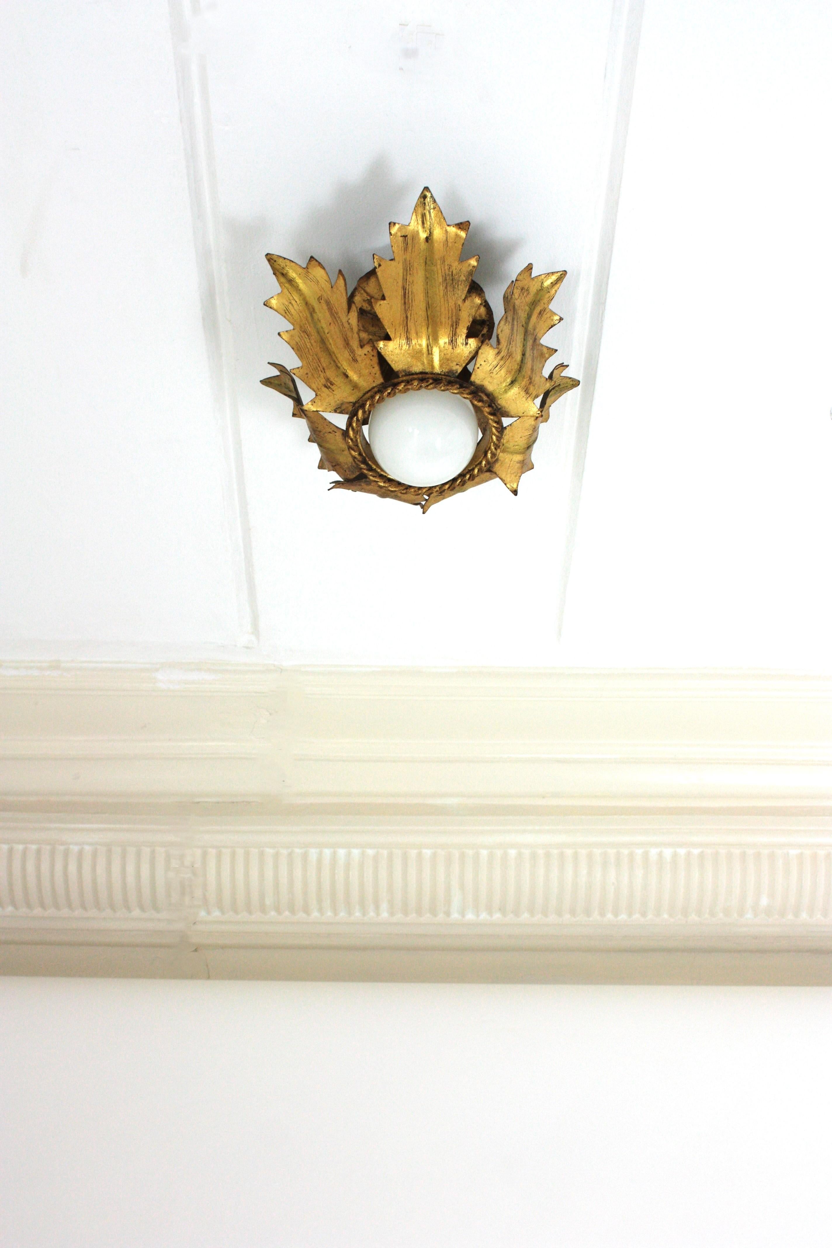 Hand-Crafted French Flower Bud Sunburst Light Fixture in Gold Leaf Gilt Iron