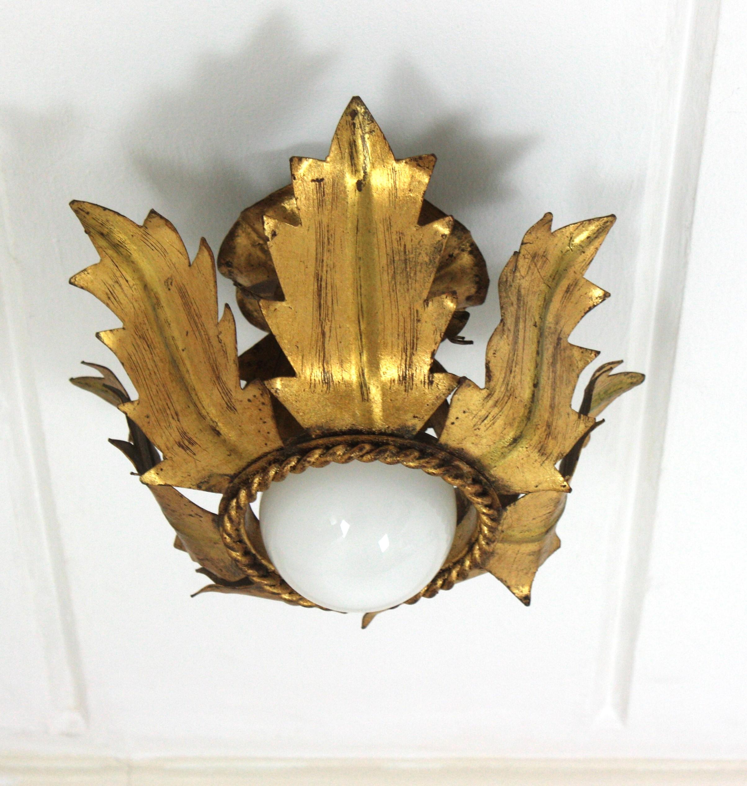 20th Century French Flower Bud Sunburst Light Fixture in Gold Leaf Gilt Iron