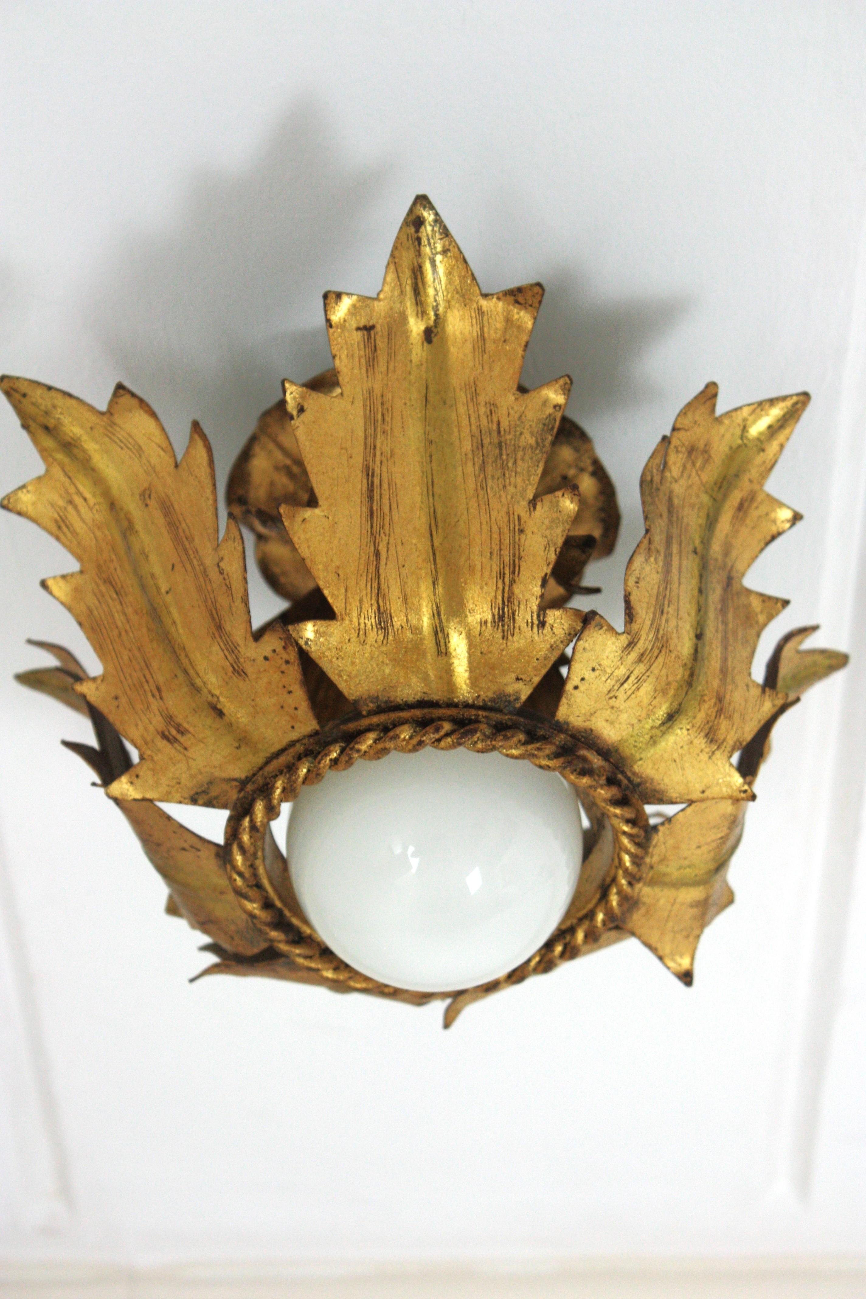 Metal French Flower Bud Sunburst Light Fixture in Gold Leaf Gilt Iron