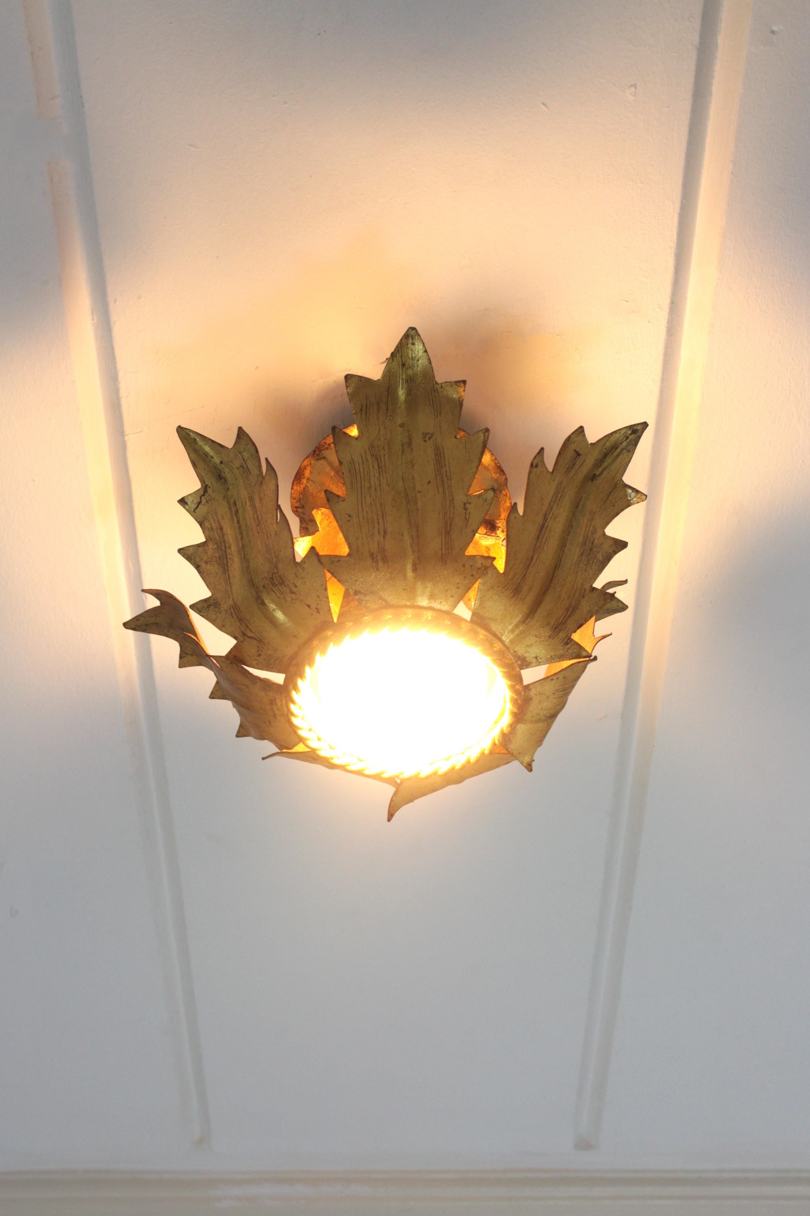 French Flower Bud Sunburst Light Fixture in Gold Leaf Gilt Iron 2