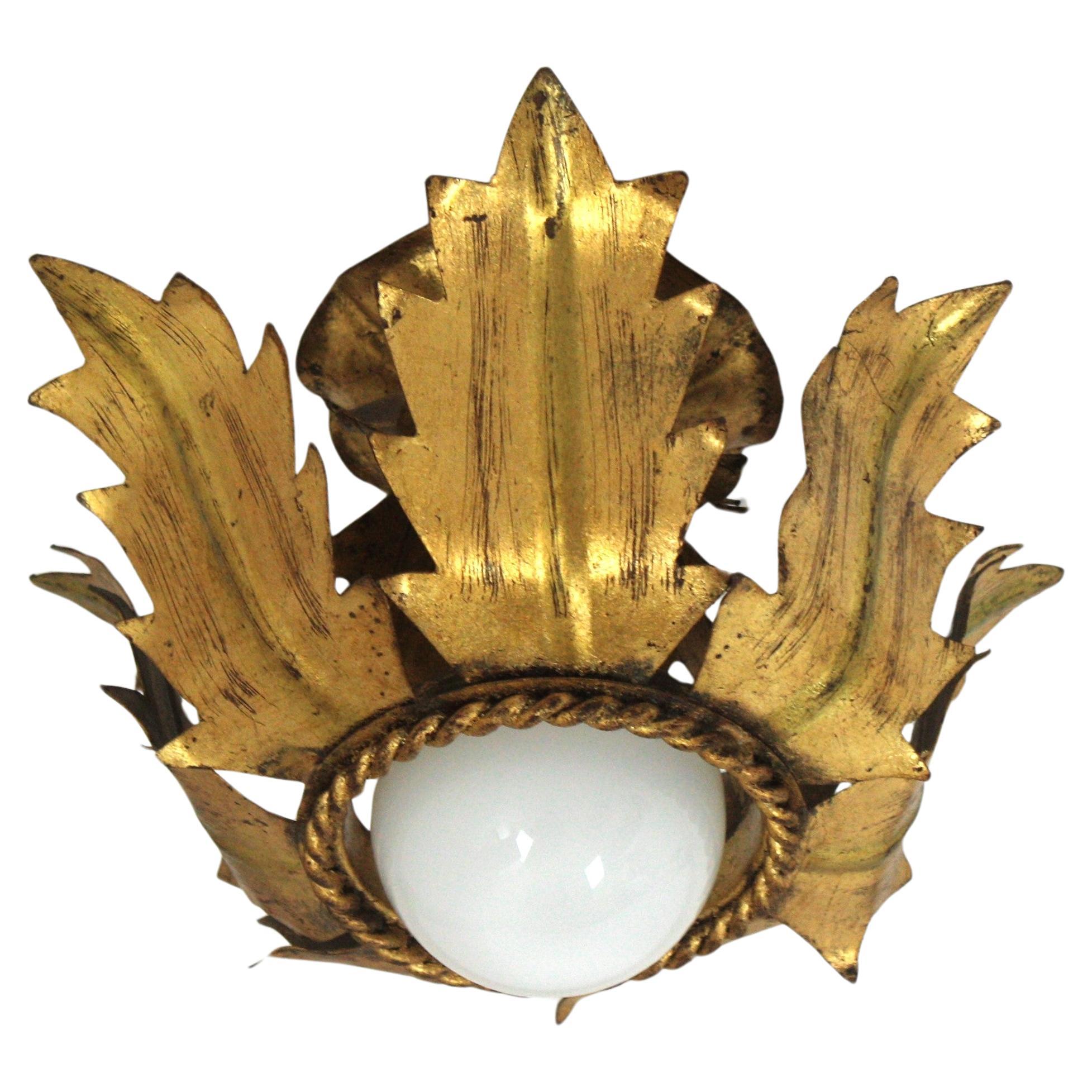 French Flower Bud Sunburst Light Fixture in Gold Leaf Gilt Iron