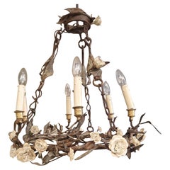 French Flower Chandelier Tole 1920s Iron Light Fitting with Roses