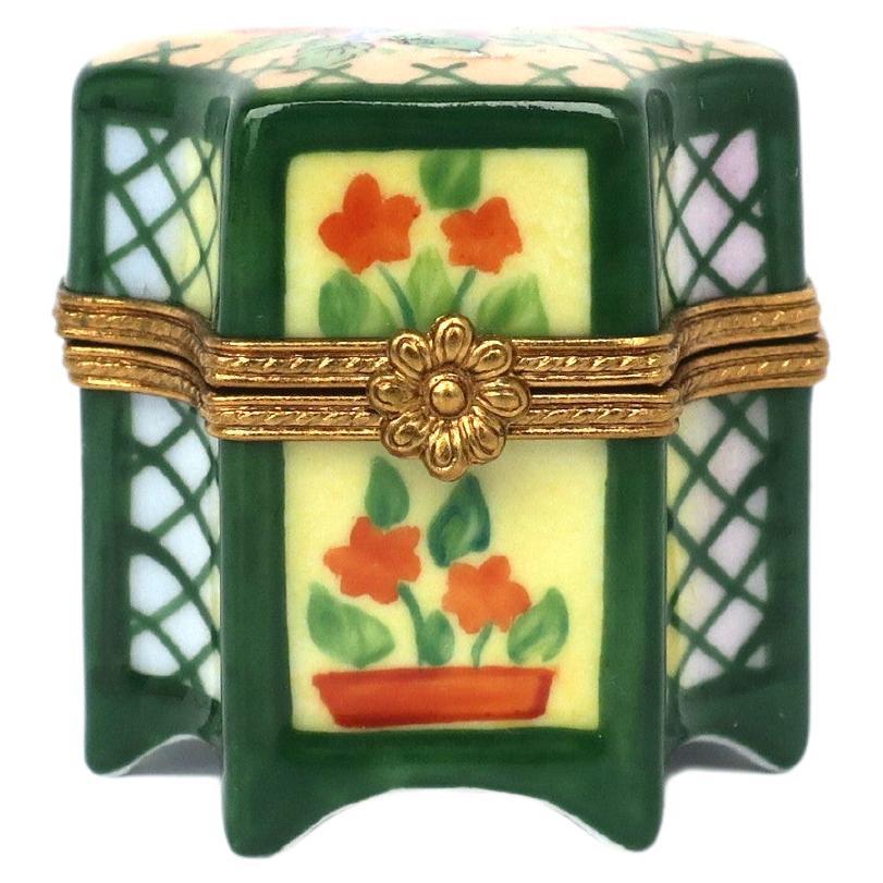 Hand-Painted French Flower Garden Box Limoges Porcelain Jewelry Box For Sale