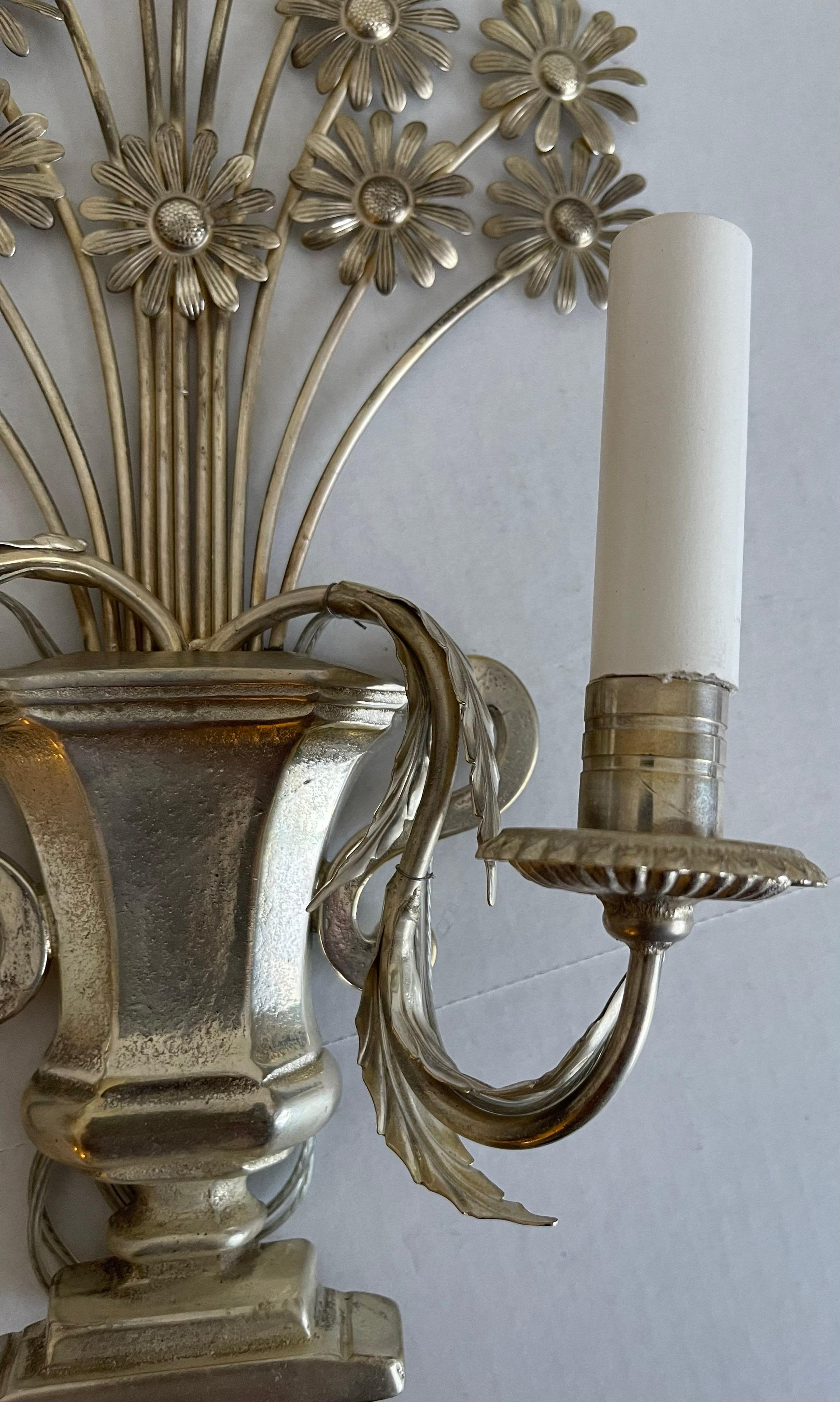 Silver Plate French Flower Metal Single Sconce For Sale