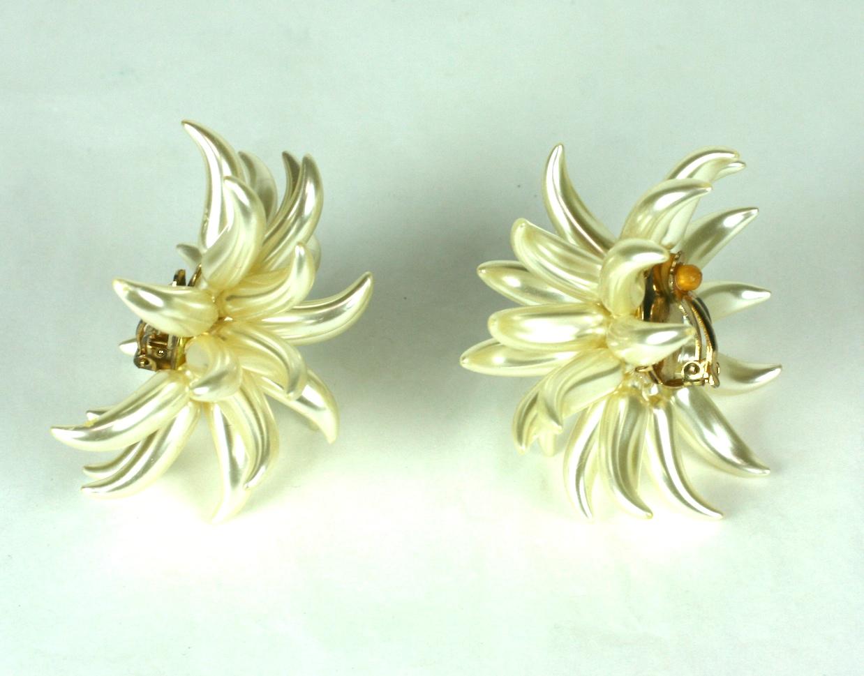 Modern French Flower Spike Large Scale Pearl Earclips For Sale