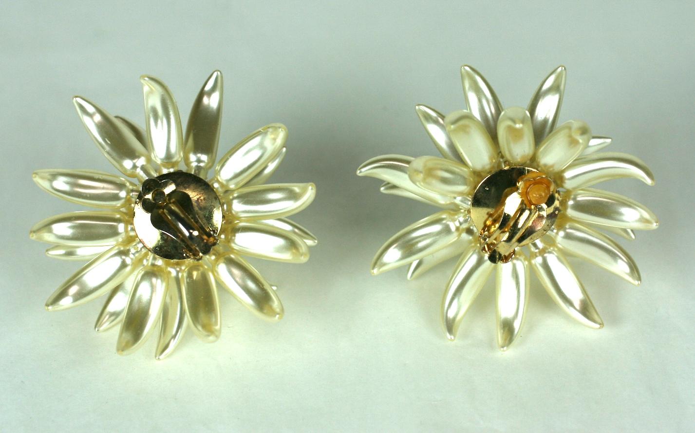 French Flower Spike Large Scale Pearl Earclips In Excellent Condition For Sale In New York, NY