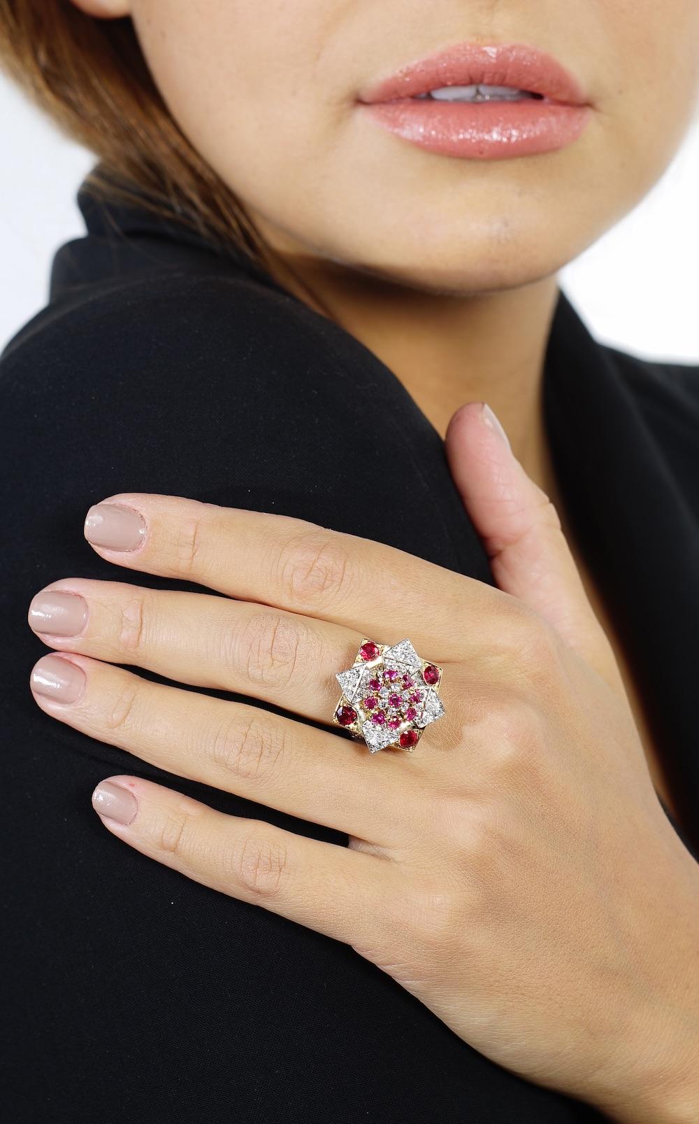 Round Cut French Flower Star Diamond Ruby Gold Platinum Ring