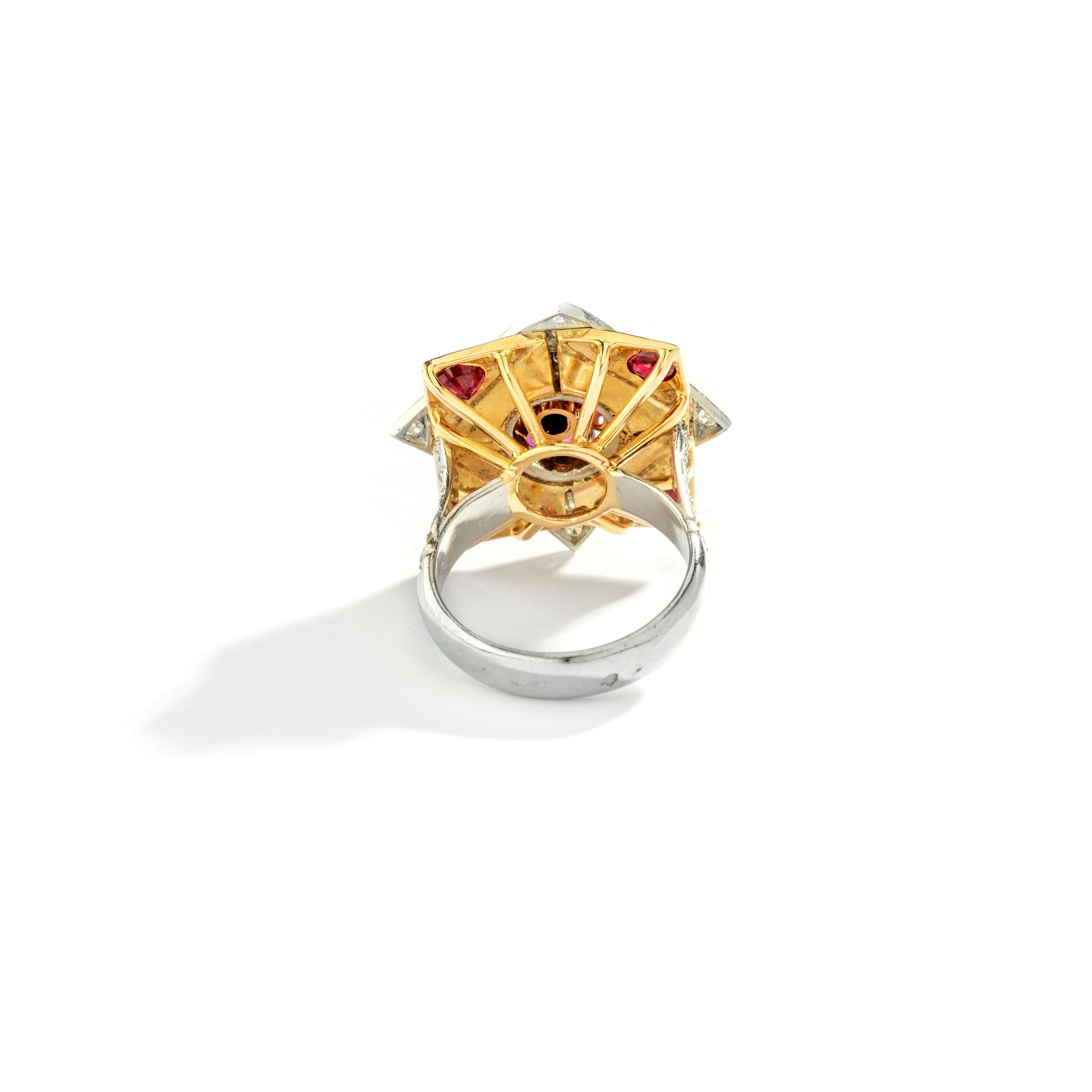 Retro French Flower Star Diamond Ruby Gold Platinum Ring