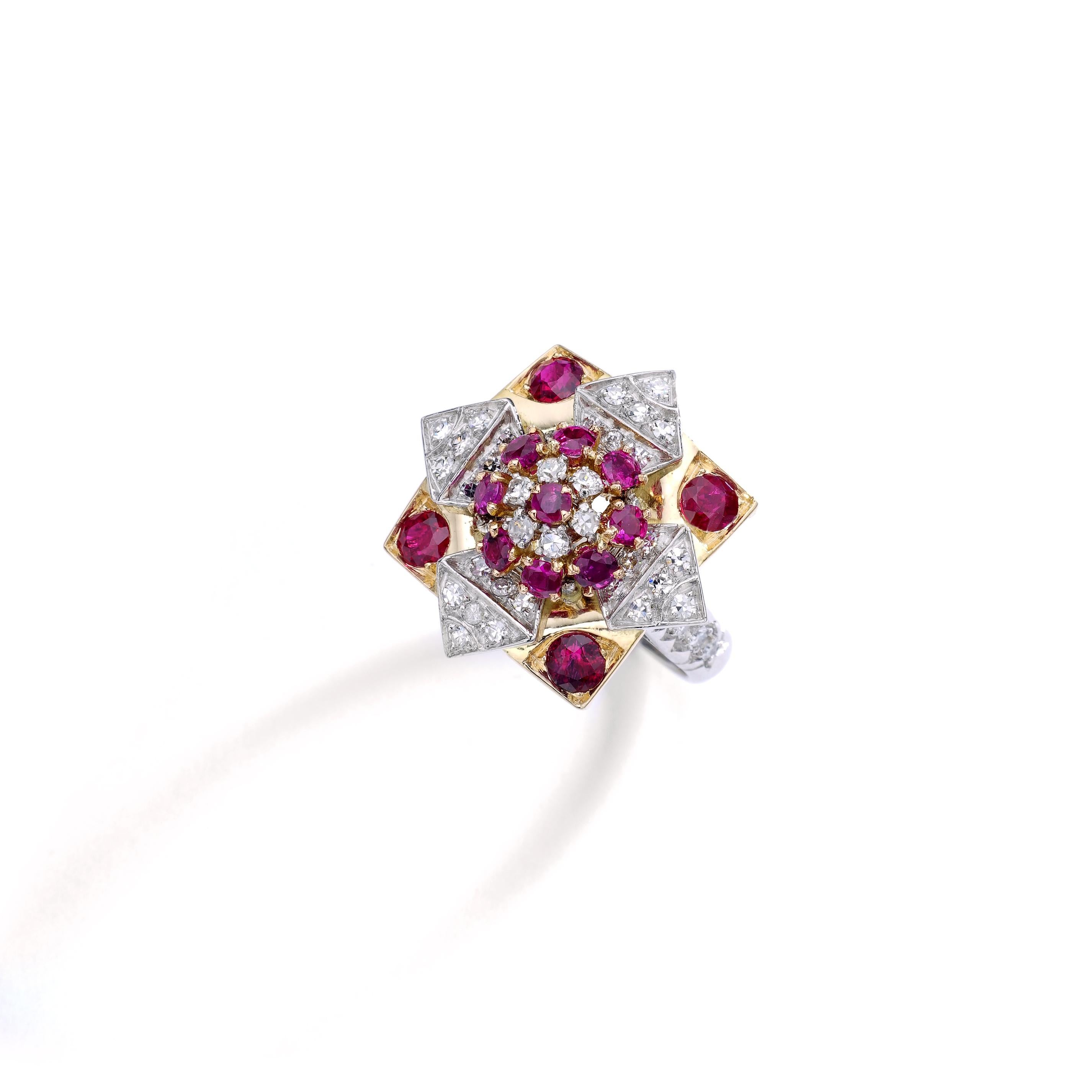 Stylized Flower star platinum and yellow gold 18k 75 ring with diamond and ruby.
French assay marks.

Ring size: 6.