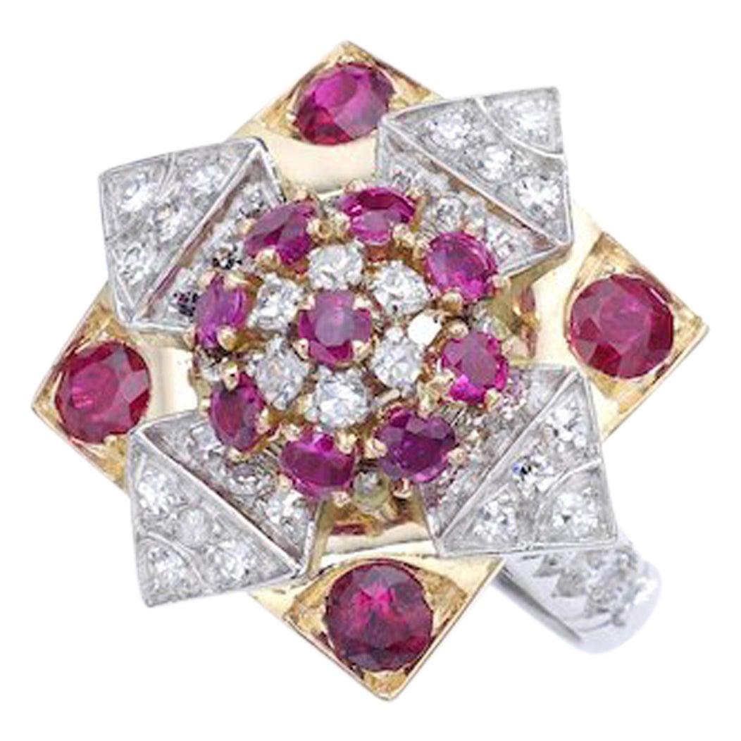 French Flower Star Diamond Ruby Gold Platinum Ring