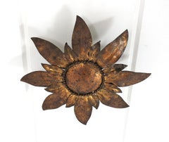 French Flower Sunburst Light Fixture / Flush Mount in Gilt Iron, 1940s